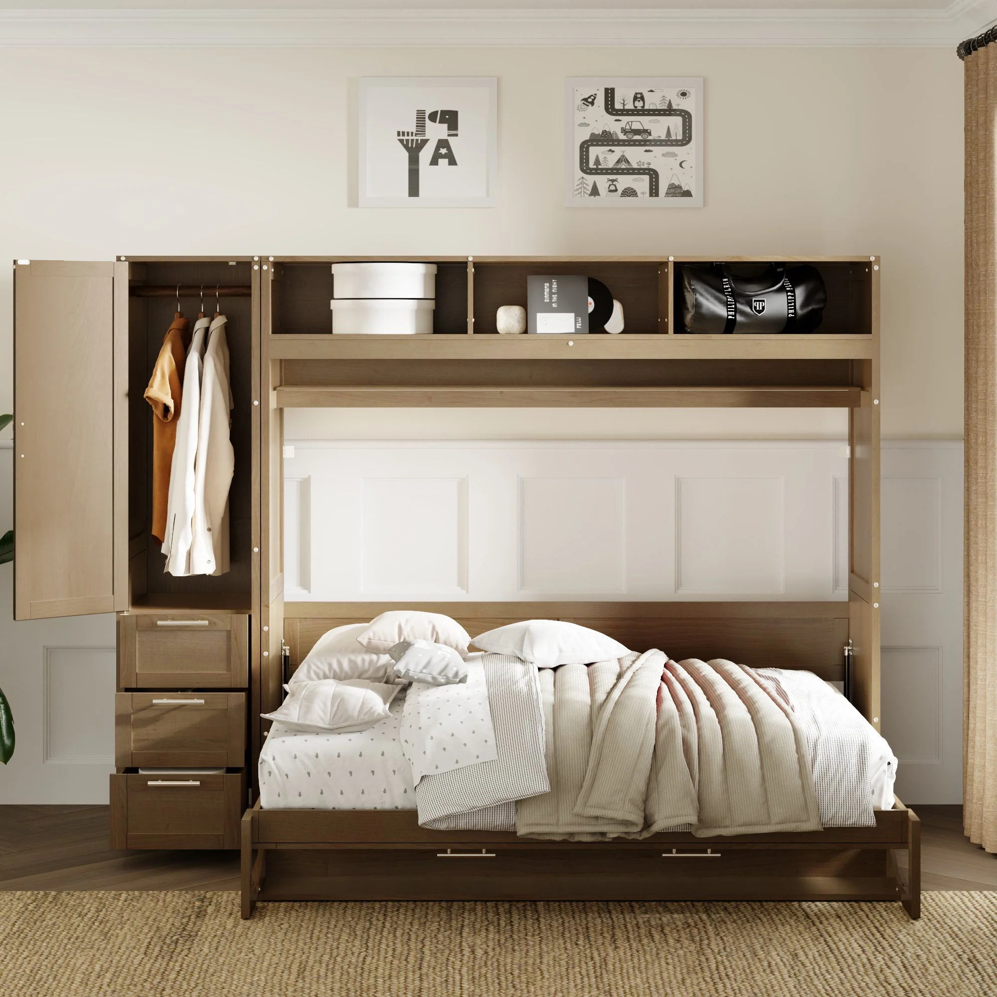 Full Size Murphy Bed With Wardrobe, Drawers, And Open Shelves - Wood - Image 4