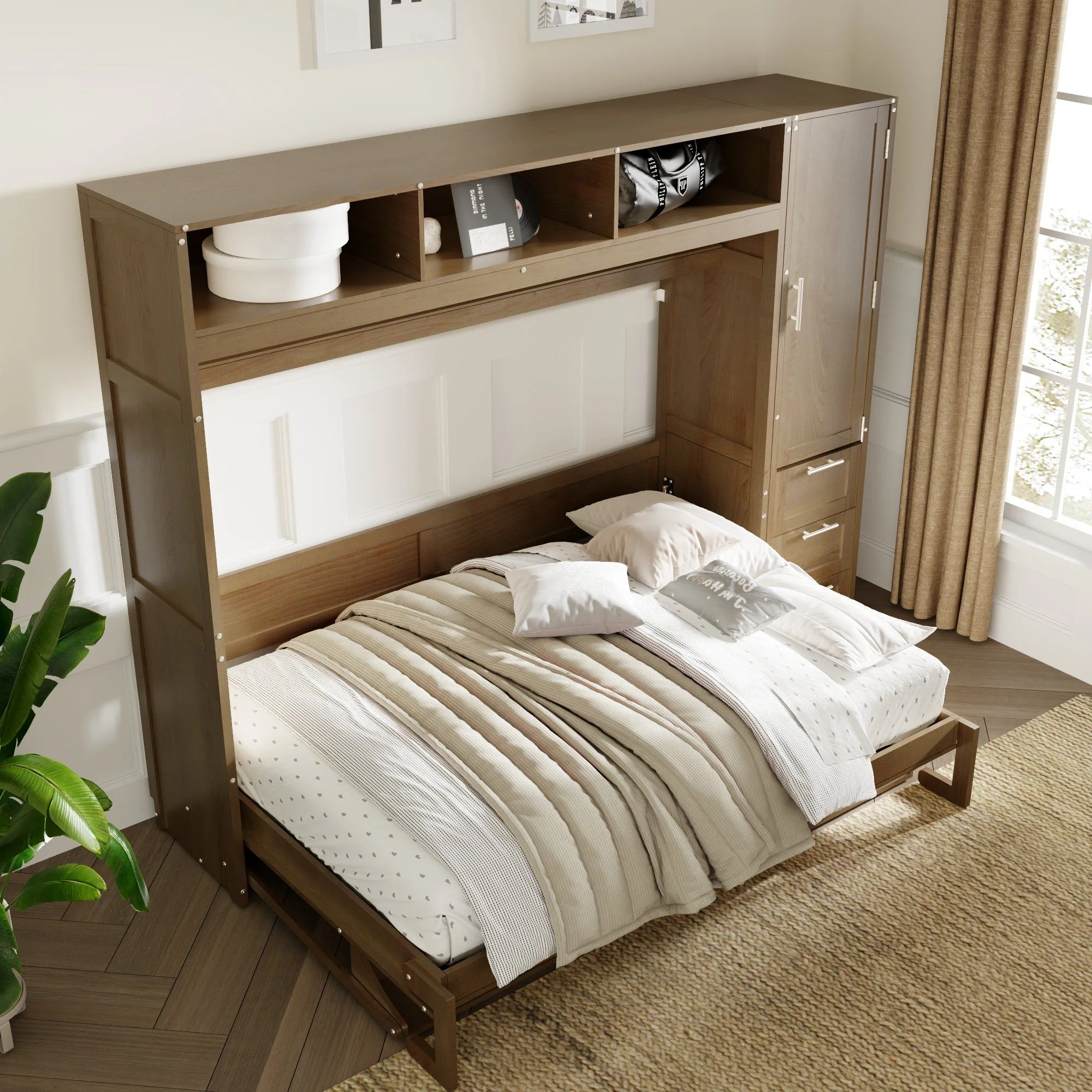 Full Size Murphy Bed With Wardrobe, Drawers, And Open Shelves - Wood - Image 8