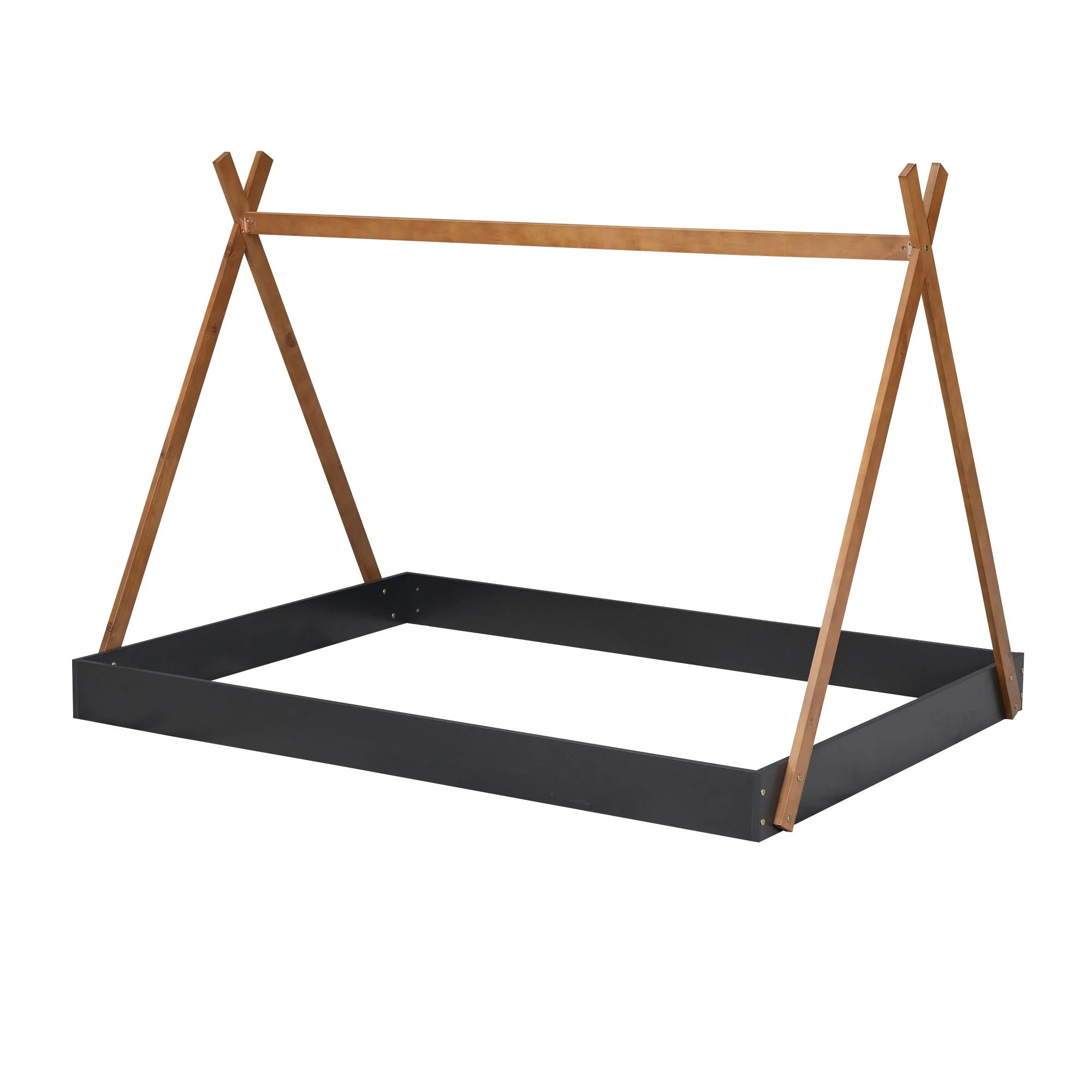 Full Size Tent Floor Bed With Triangle Structure, Low Profile Design - Black / Brown - Image 9