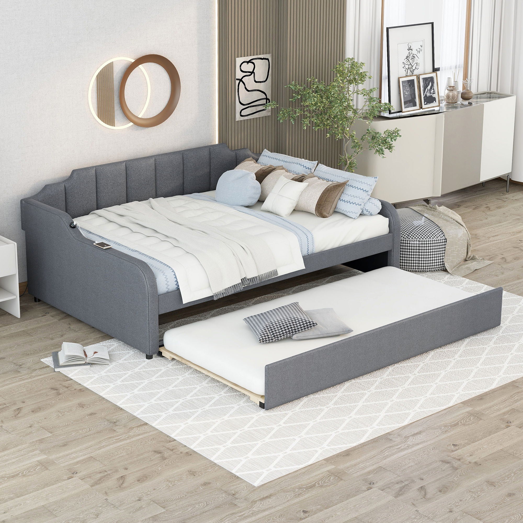 Full Size Upholstered Daybed With Trundle And USB Charging - Gray - Image 5