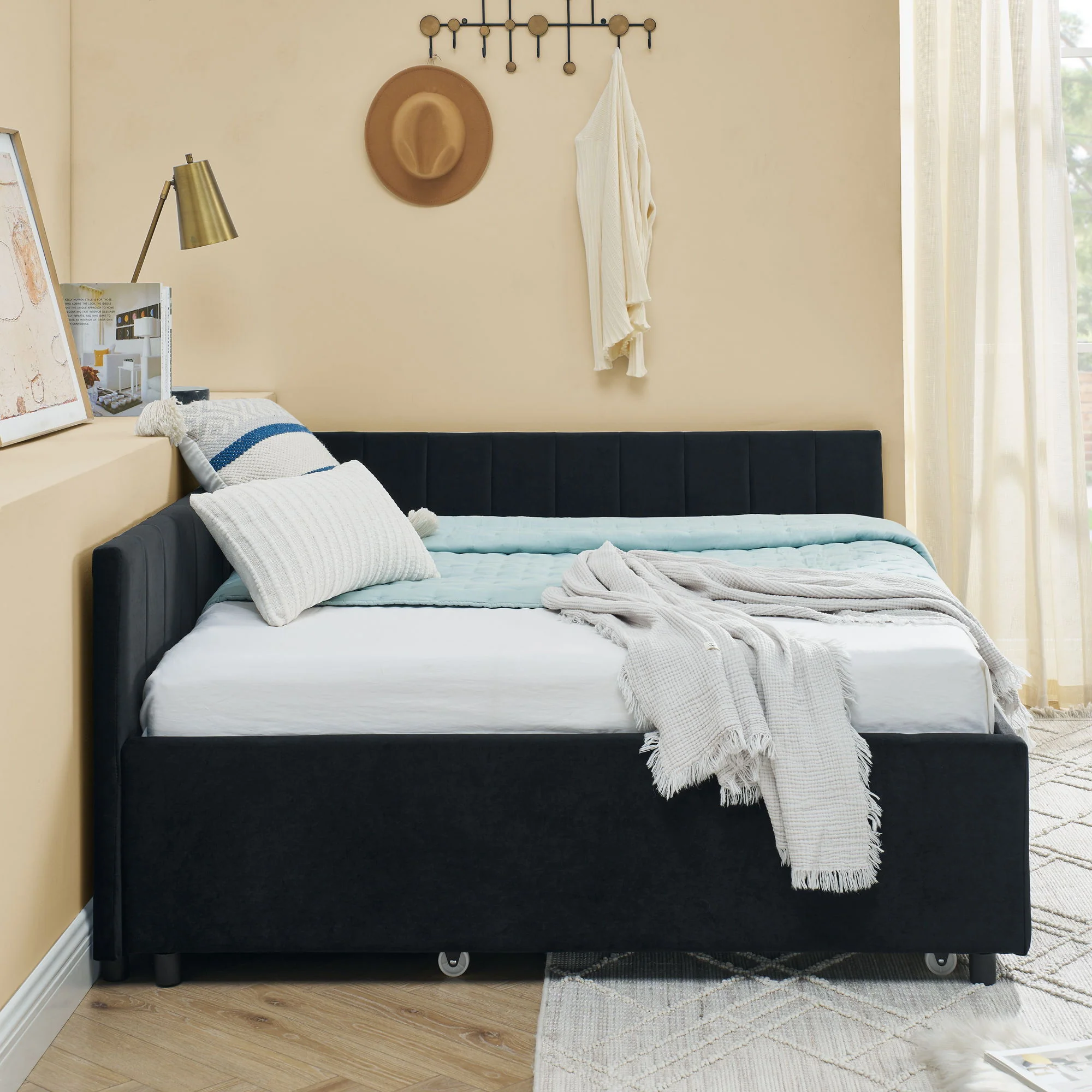 Full Size Upholstered Daybed With Trundle, Tufted Backrest And Armrests - Black - Image 2