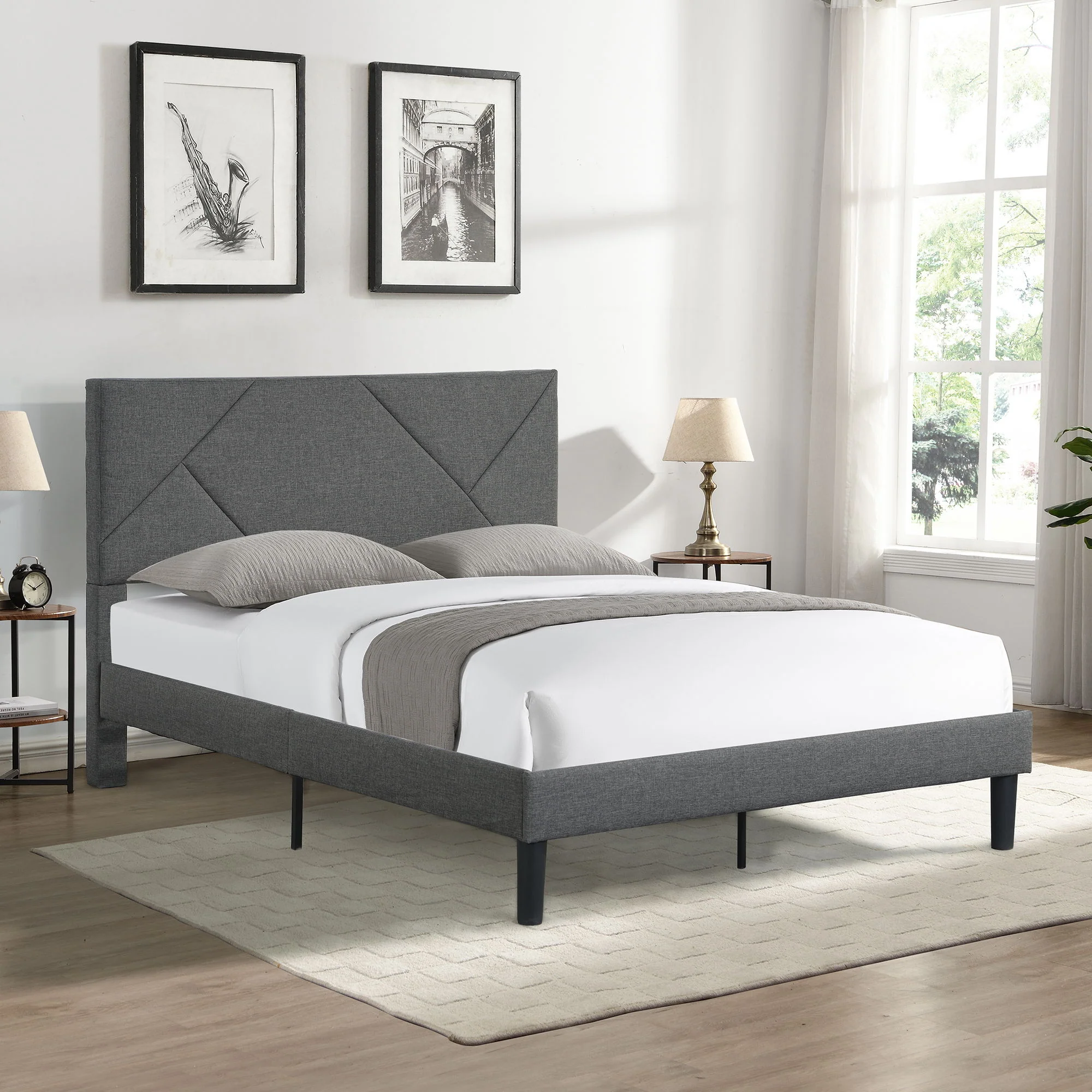 Full Size Upholstered Platform Bed Frame With Headboard, Strong Wood Slat Support, Mattress Foundation, No Box Spring Needed - Gray - Image 3
