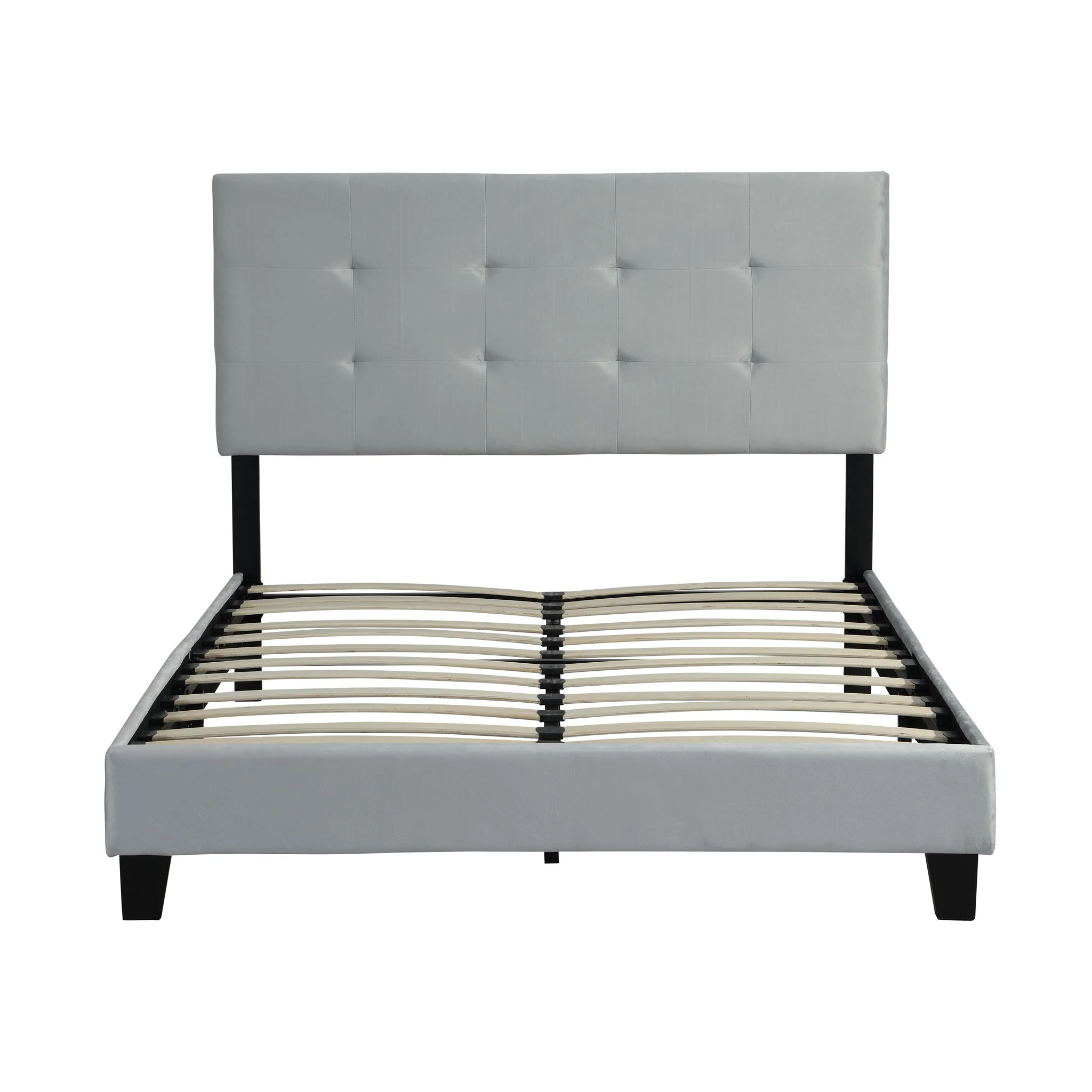 Full Size Upholstered Platform Bed Frame With Pull Point Tufted Headboard, Strong Wood Slat Support, Mattress Foundation, No Box Spring Needed - Gray - Image 3