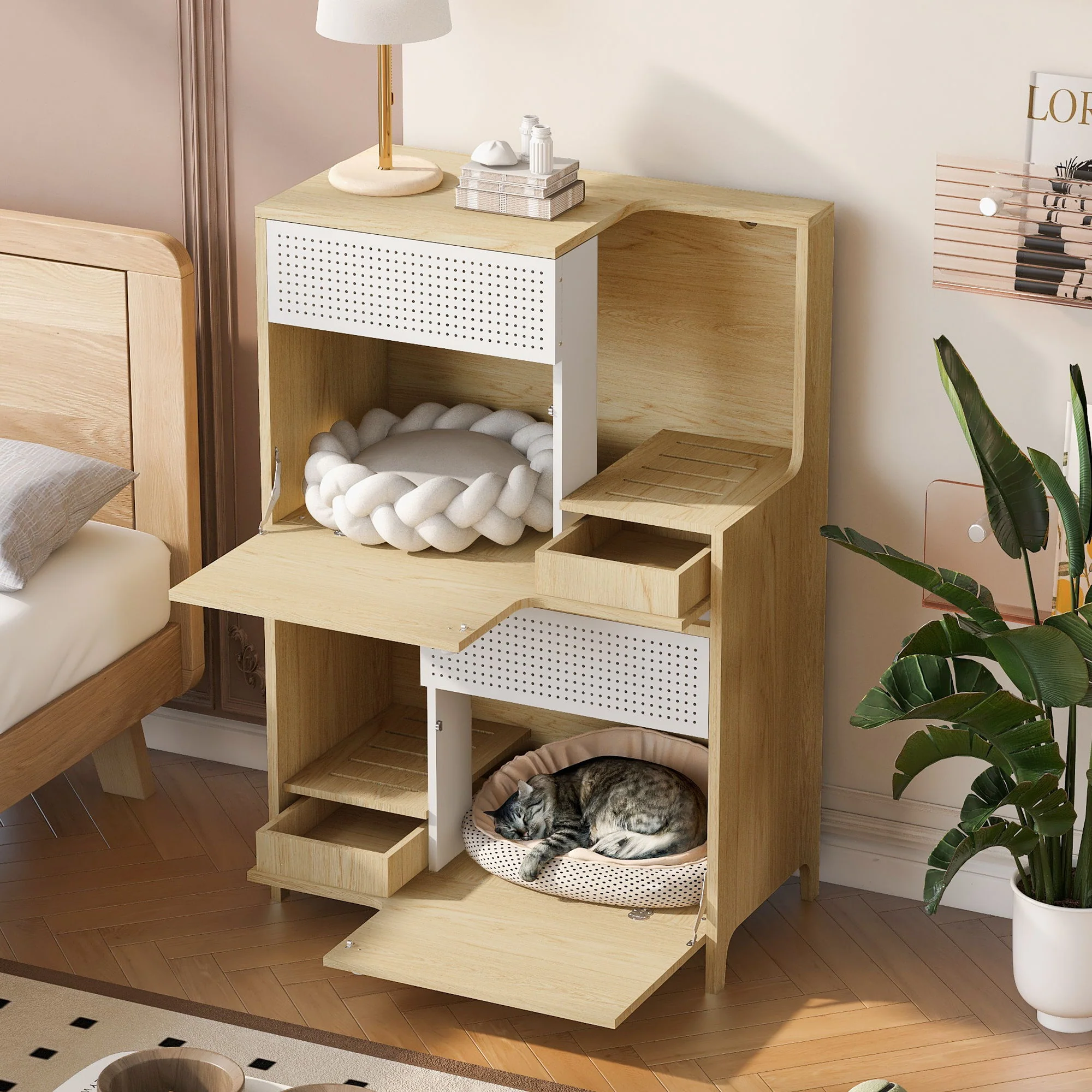 Furniture Style Multi Use Natural Cat Litter Box House With Flip Down Door - Natural - Image 3