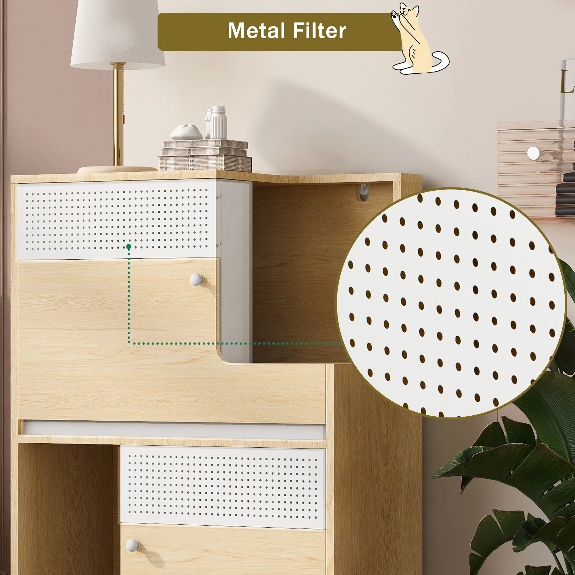 Furniture Style Multi Use Natural Cat Litter Box House With Flip Down Door - Natural - Image 8