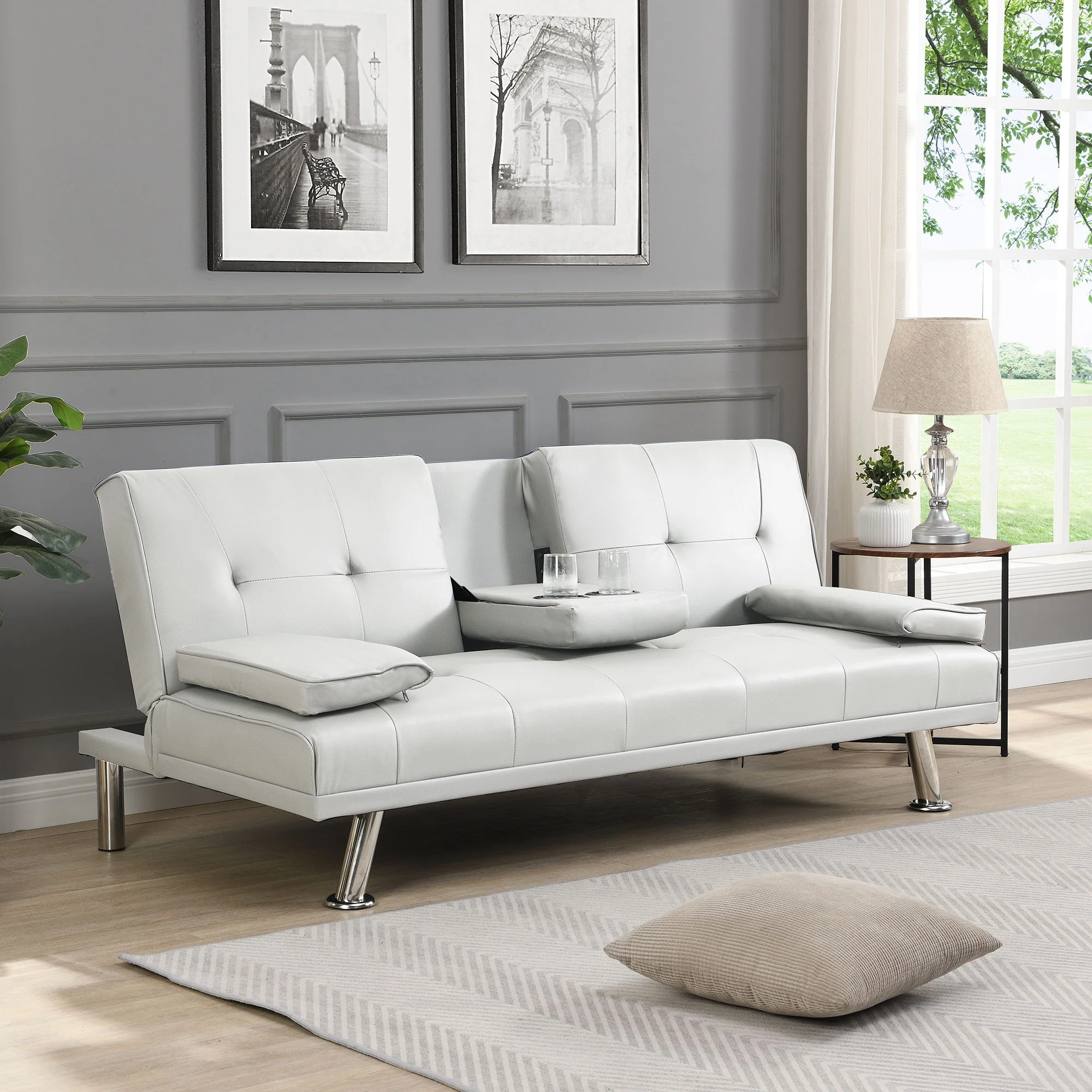 Futon Sofa Bed With Armrest Two Holders Wood Frame, Stainless Leg - Image 5