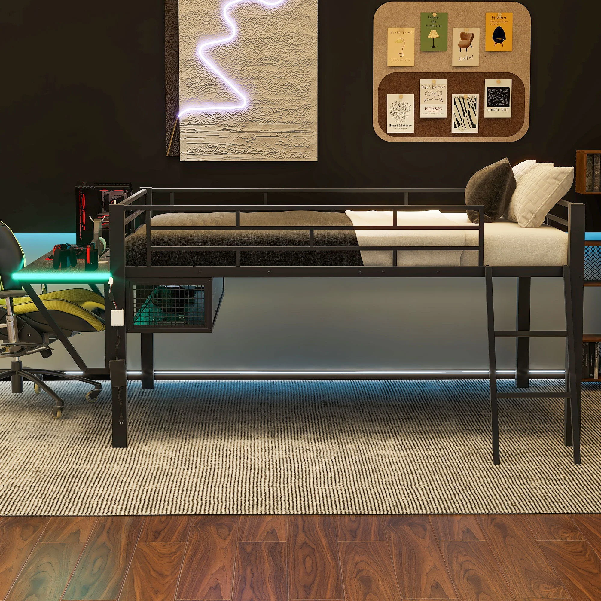 Gaming - Full Size Loft Bed With Desk, LED - Black - Image 7