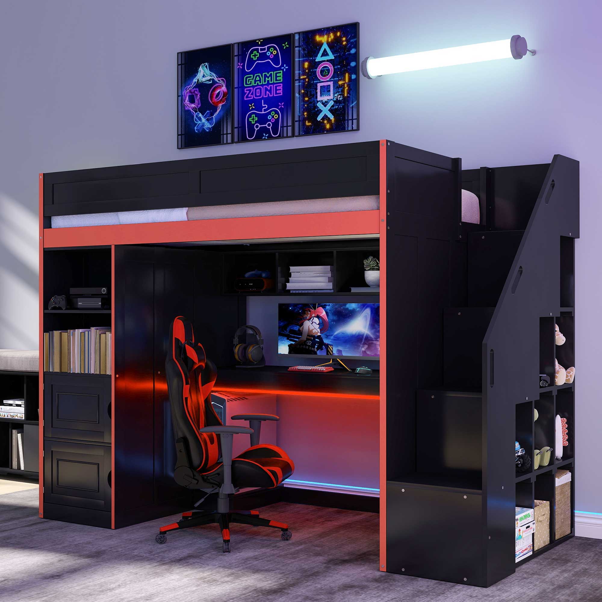 Gaming Loft Bed With Desk And Storage, LED Lights - Image 9