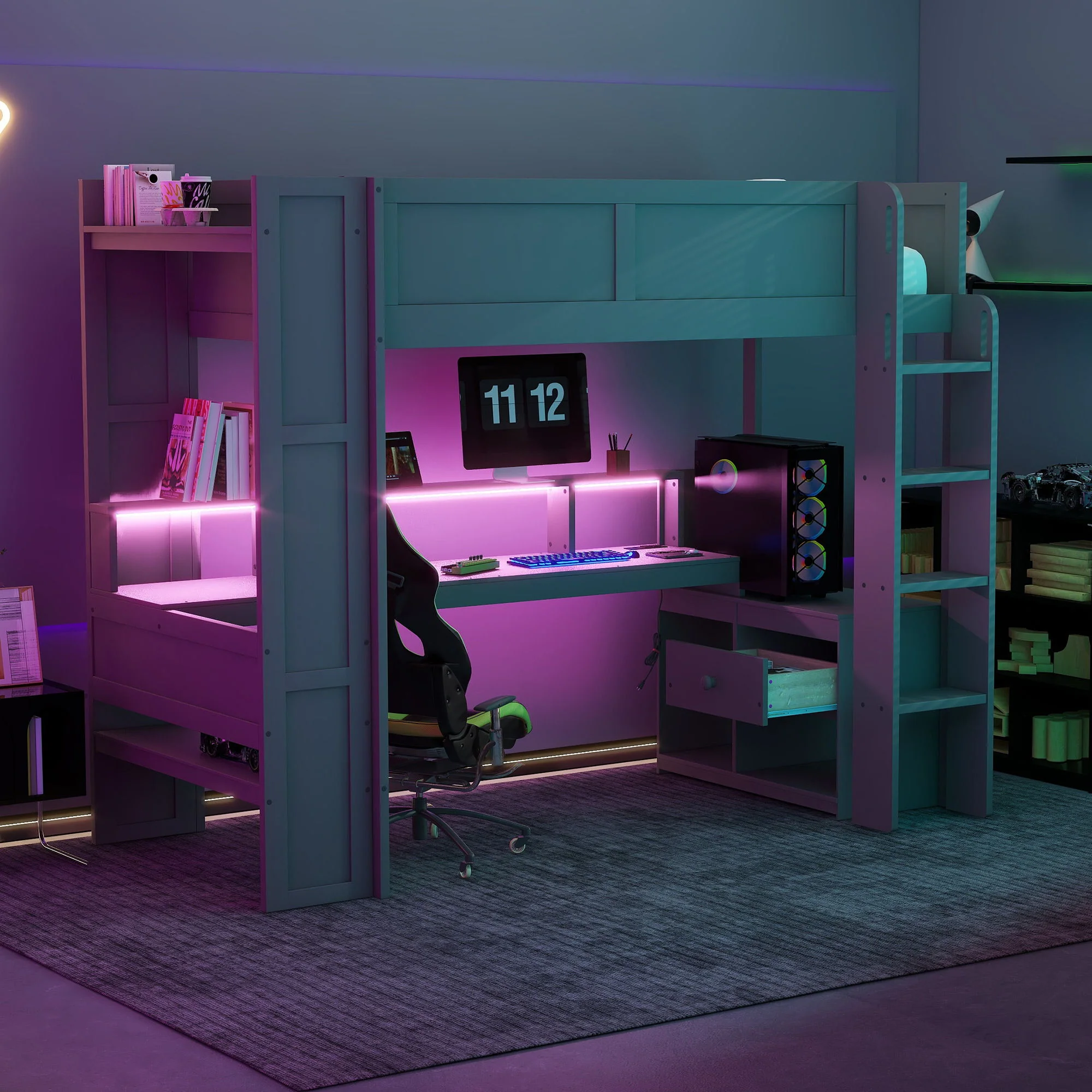 Gaming Loft Bed With Desk, Multi Storage Shelves, LED And Charging Station - Image 9
