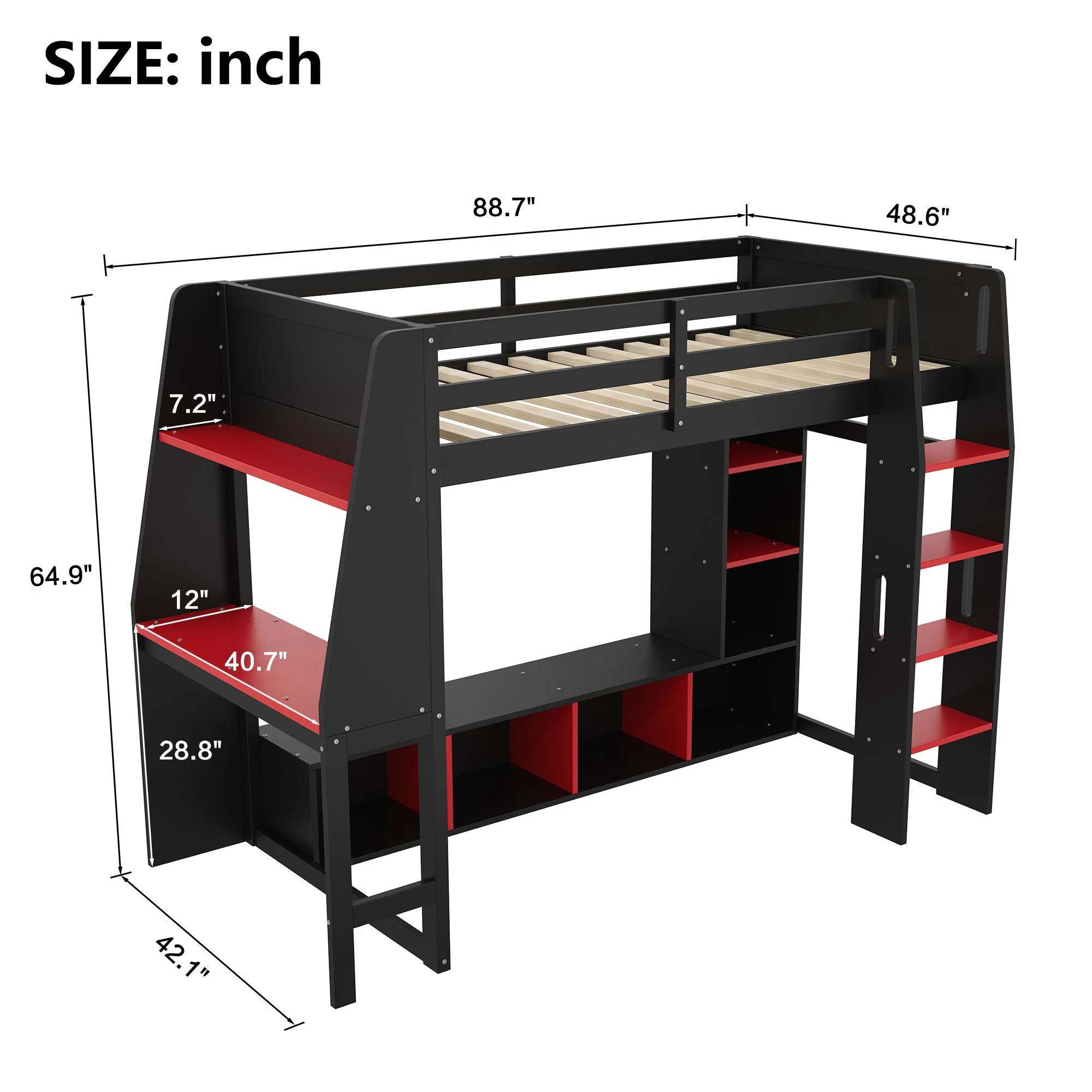 Gaming Loft Bed With Desk, Multi Storage Shelves, LED Lighting, And Hanging Clothes Rack - Image 23