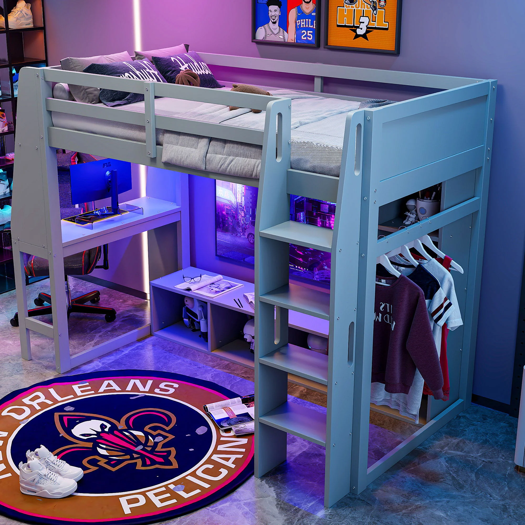 Gaming Loft Bed With Desk, Multi Storage Shelves, LED Lighting, And Hanging Clothes Rack - Image 24