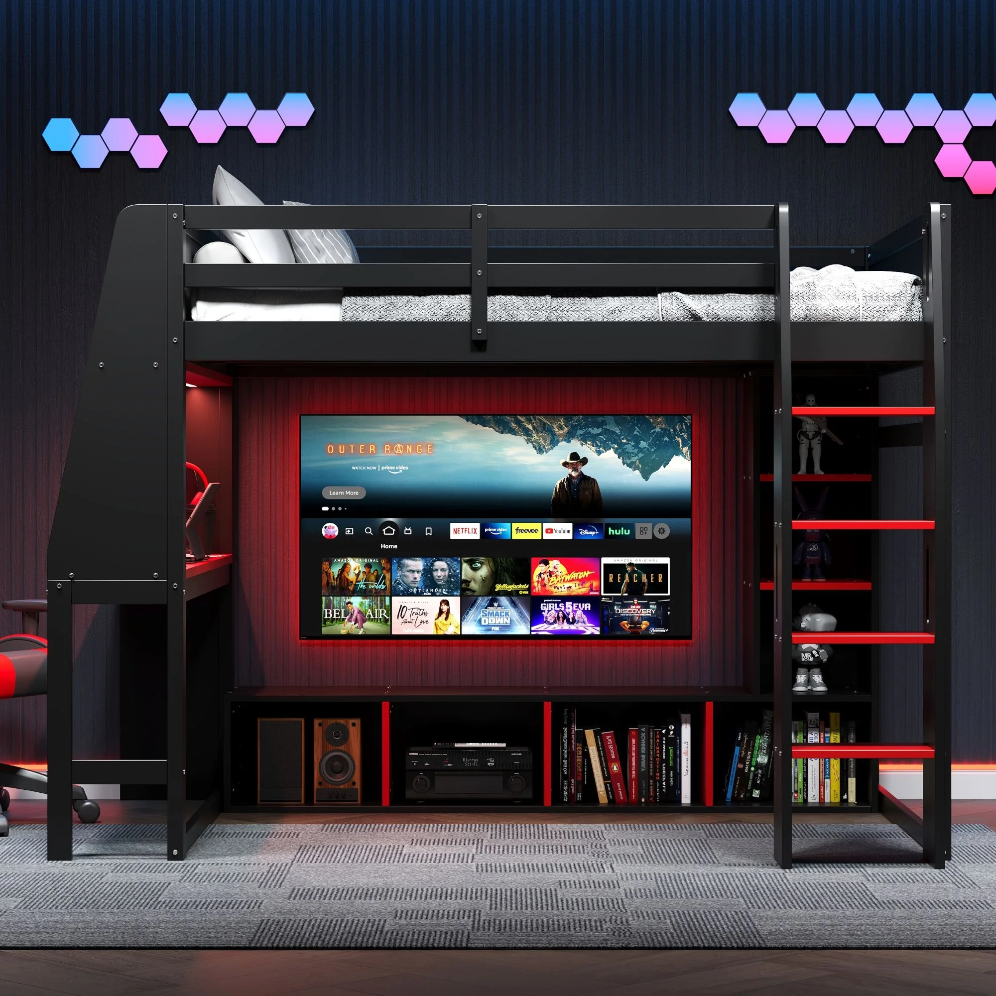 Gaming Loft Bed With Desk, Multi Storage Shelves, LED Lighting, And Hanging Clothes Rack - Image 28