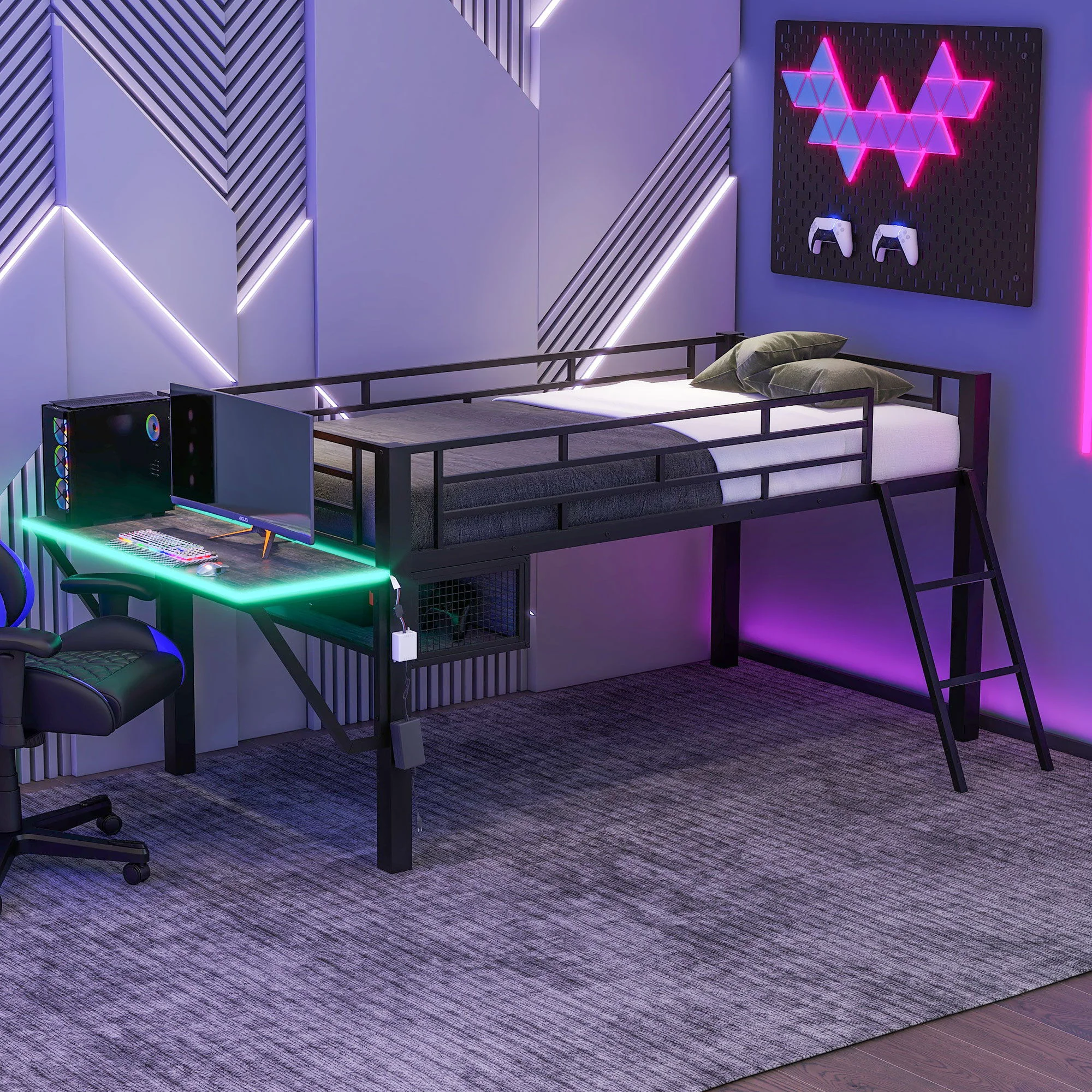Gaming - Twin Loft Bed With Desk And LED - Black - Image 9