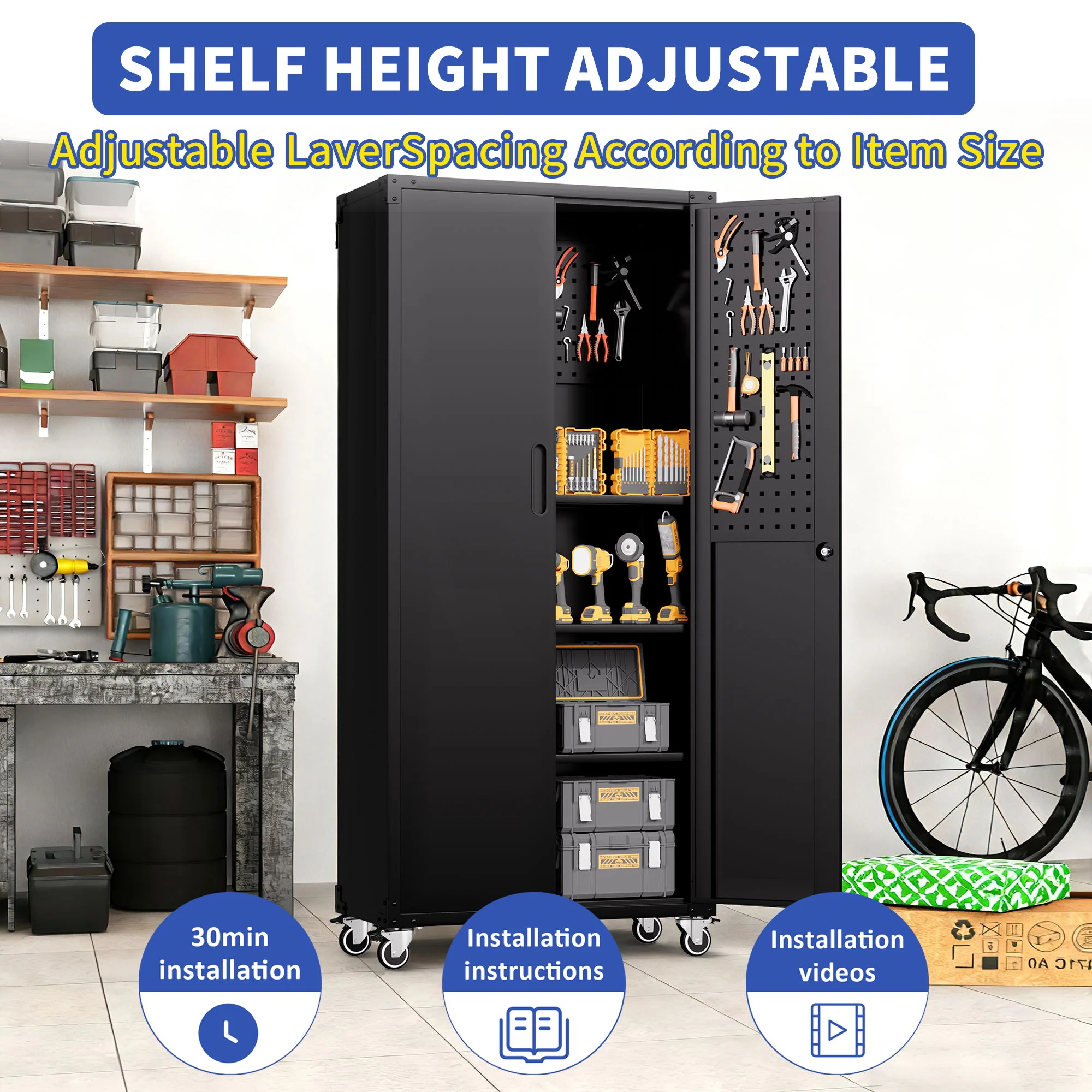 Garage Storage Cabinet With Wheels Heavy-Duty Tool Storage - Black - Image 4