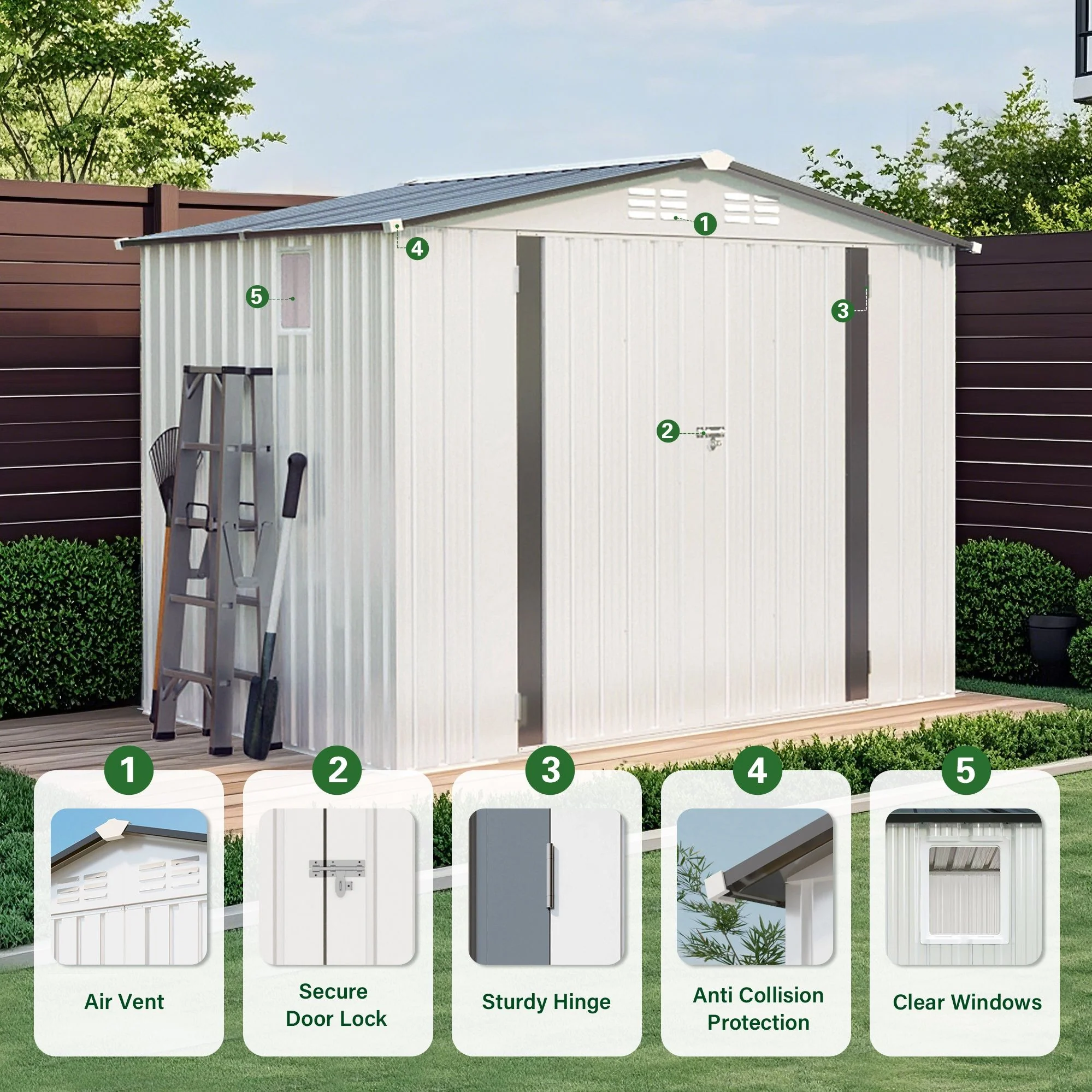 Garden Tool Shed Storage Building Waterproof Peaked Roof Metal White Gray - Image 11