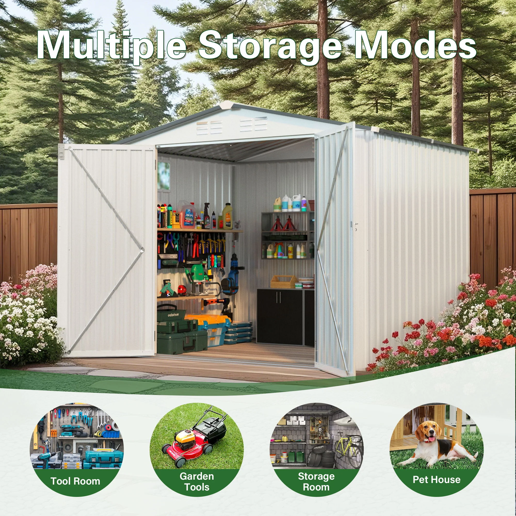 Garden Tool Shed Storage Building Waterproof Peaked Roof Metal White Gray - Image 4