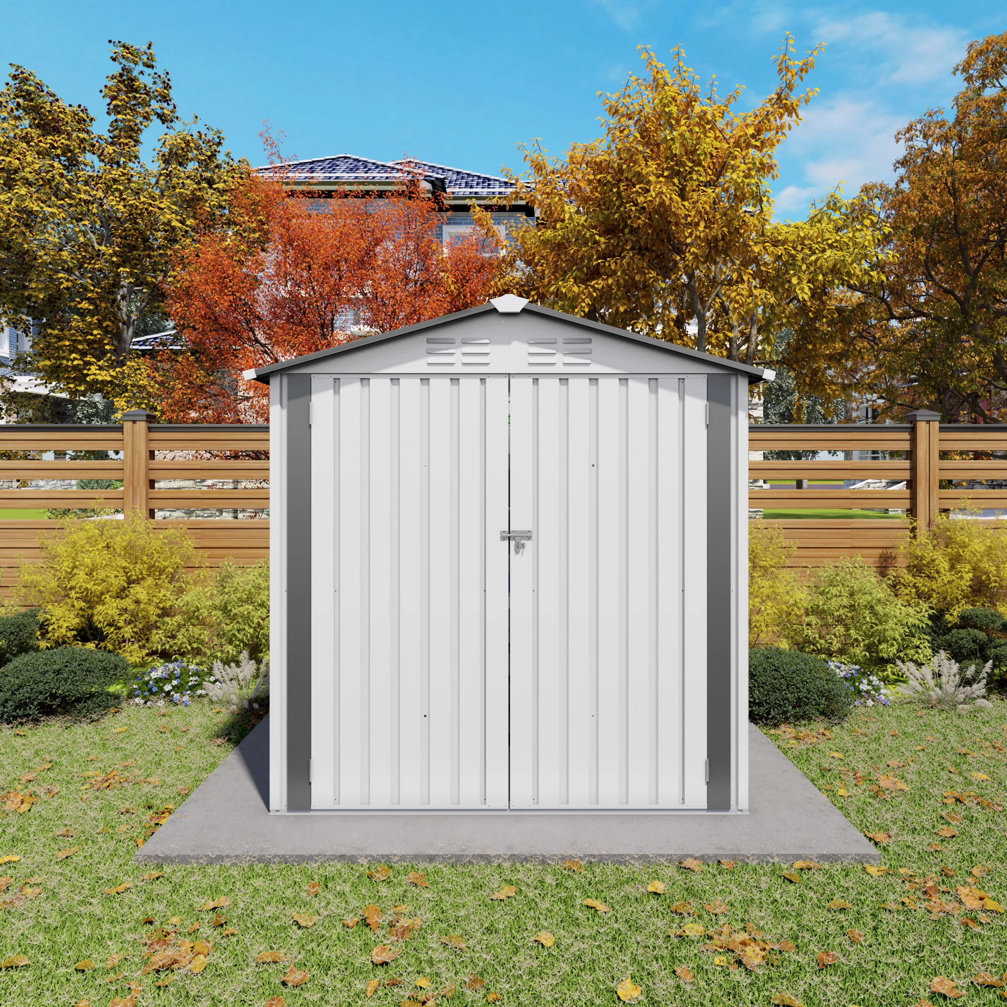 Garden Tool Shed Storage Building Waterproof Peaked Roof Metal White Gray - Image 7