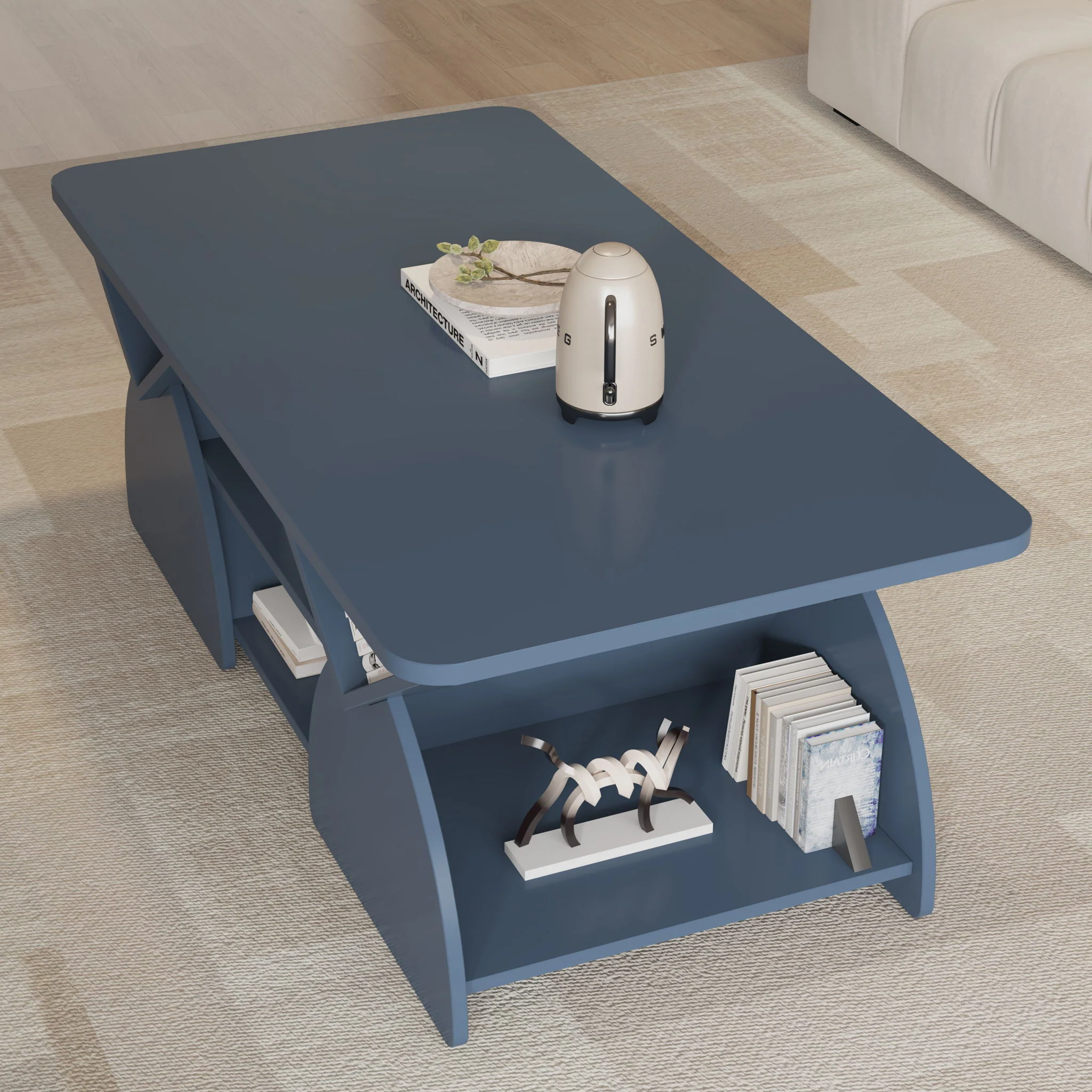 Geometric Engineered Coffee Table With Rounded Corners With Open Shelves - Image 13