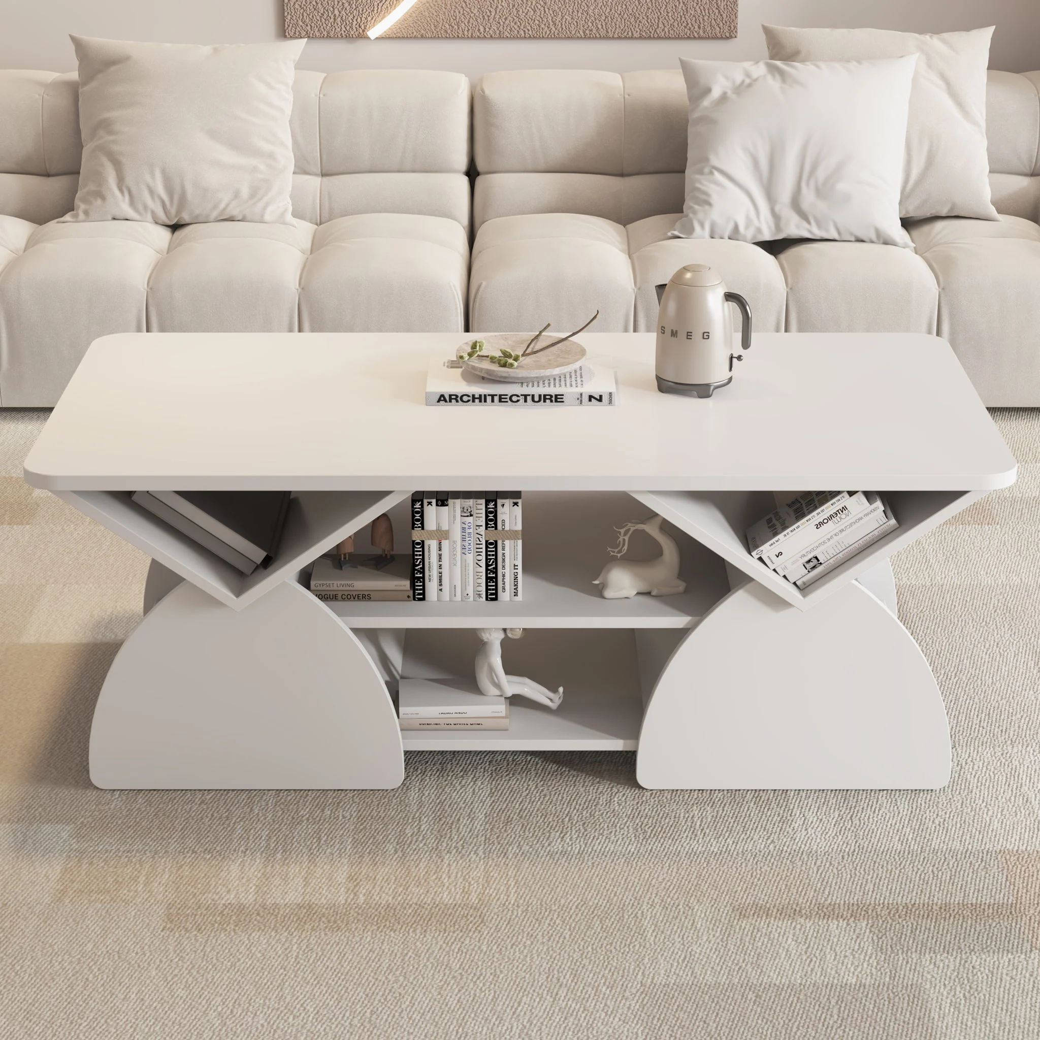 Geometric Engineered Coffee Table With Rounded Corners With Open Shelves - Image 20