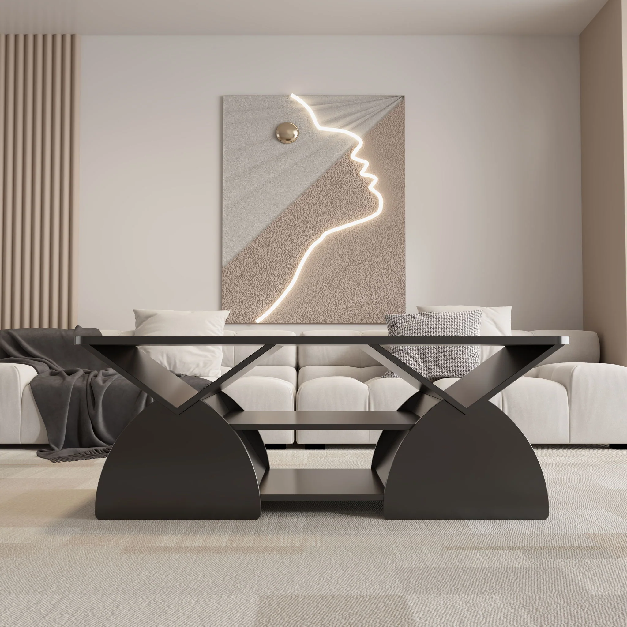Geometric Engineered Coffee Table With Rounded Corners With Open Shelves - Image 9