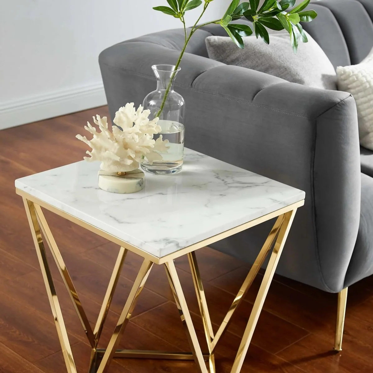 Geometric Gold Metal Side Table with Marble Top – 18 Inch - Image 3