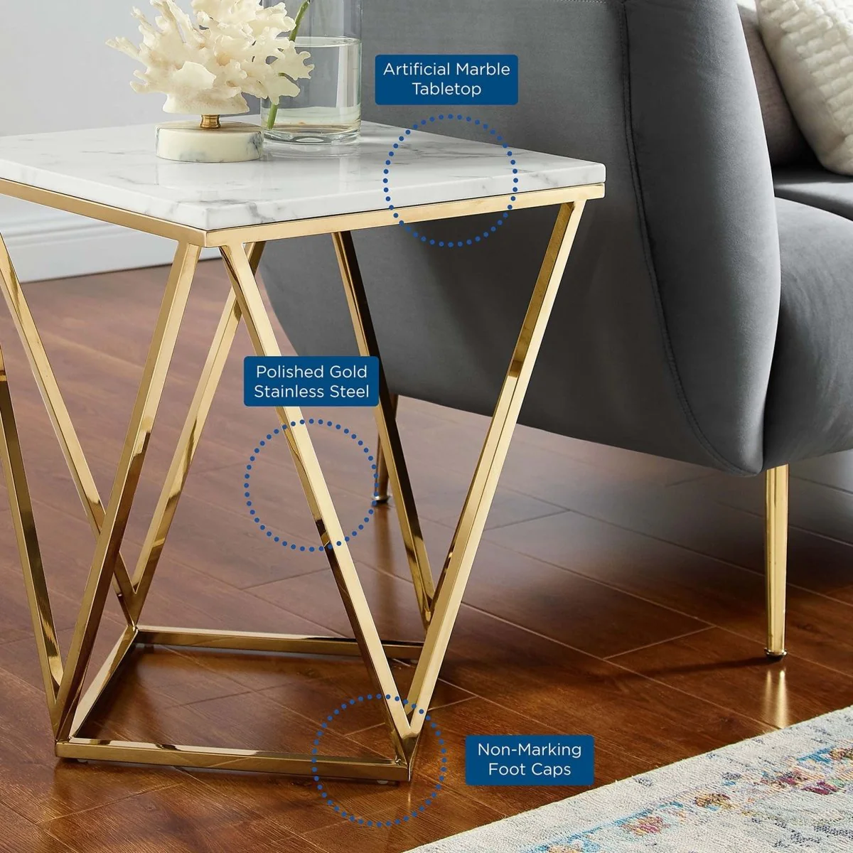 Geometric Gold Metal Side Table with Marble Top – 18 Inch - Image 4