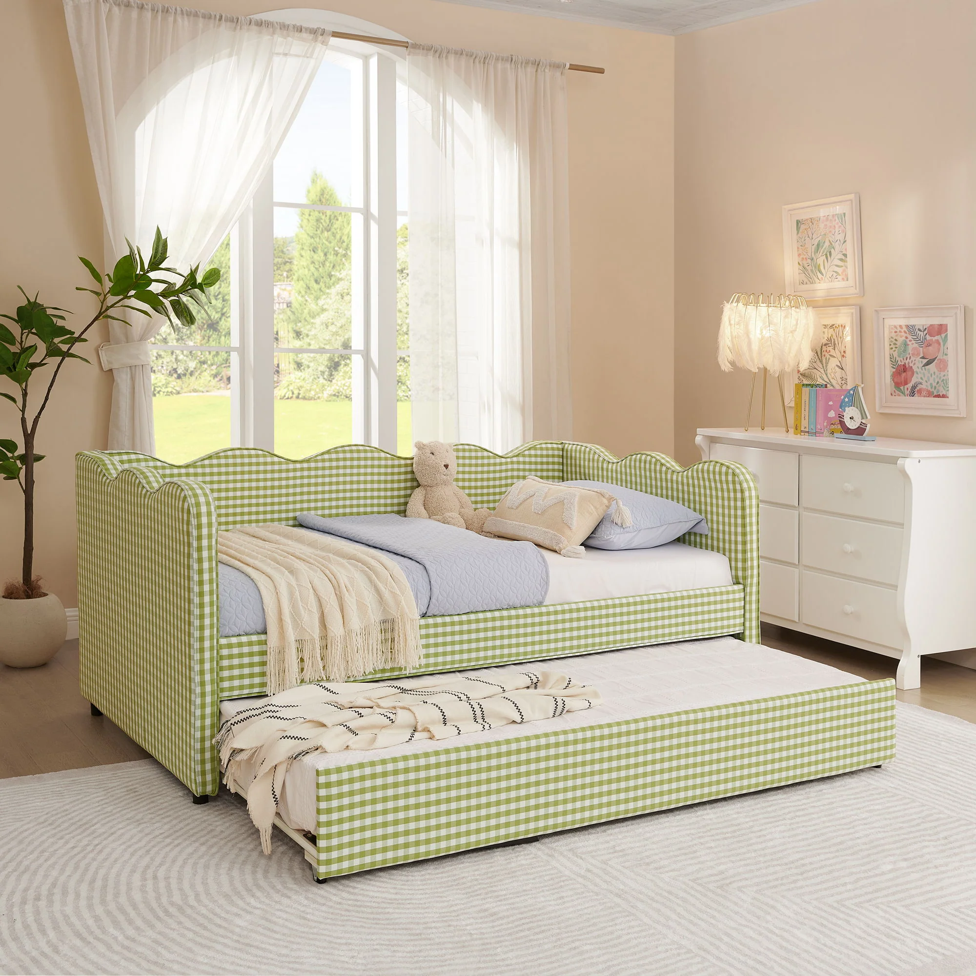 Gingham Daybed With USB Charging Port, Wave-Shaped Design - Image 119