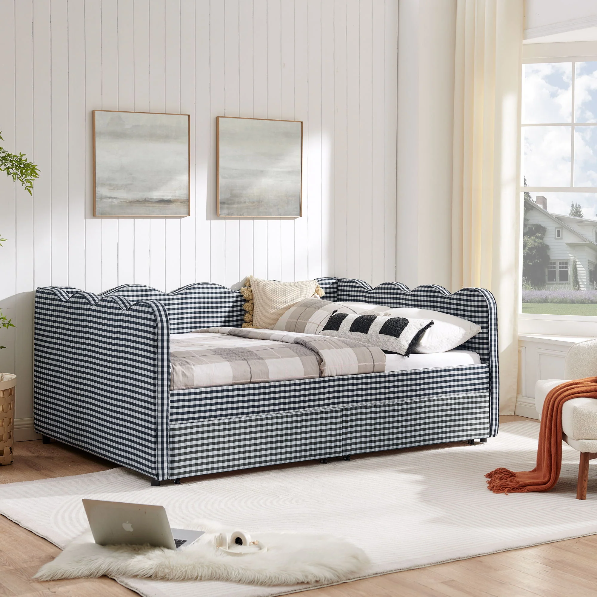 Gingham Daybed With USB Charging Port, Wave-Shaped Design - Image 20
