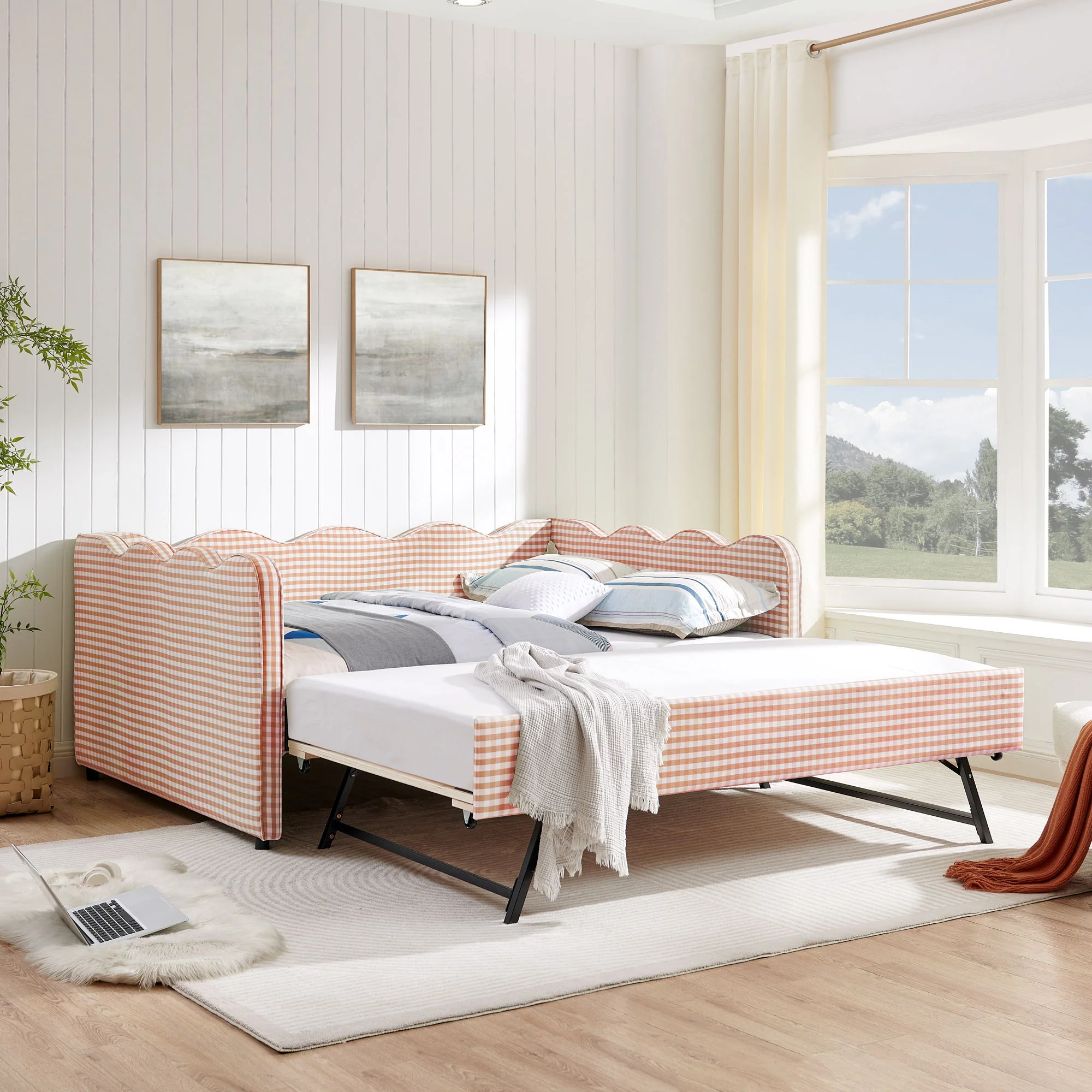 Gingham Daybed With USB Charging Port, Wave-Shaped Design - Image 29