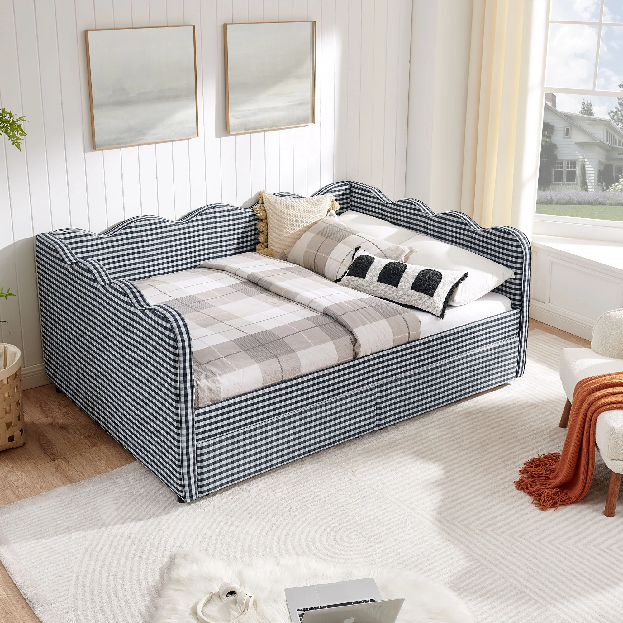 Gingham Daybed With USB Charging Port, Wave-Shaped Design - Image 36