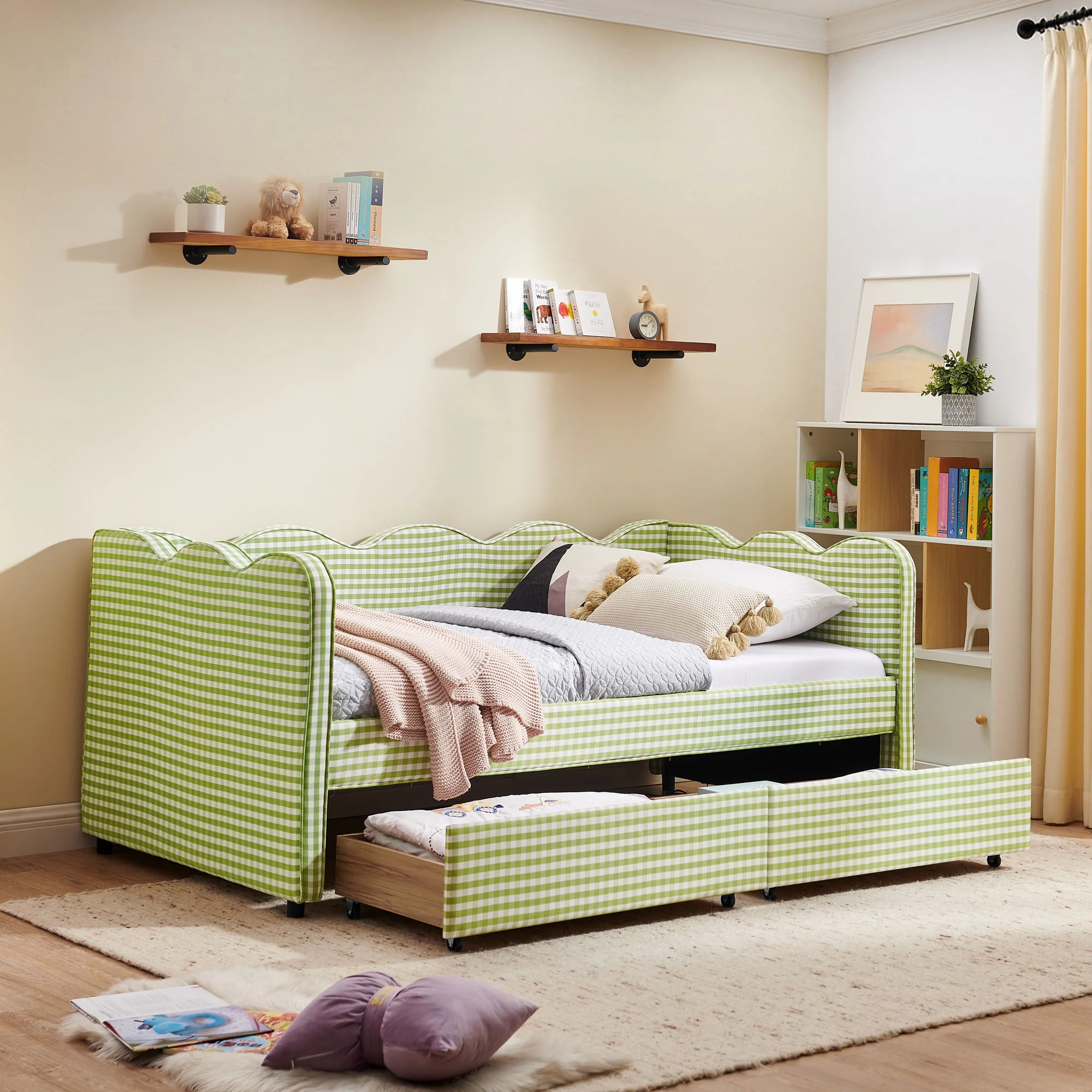Gingham Daybed With USB Charging Port, Wave-Shaped Design - Image 38