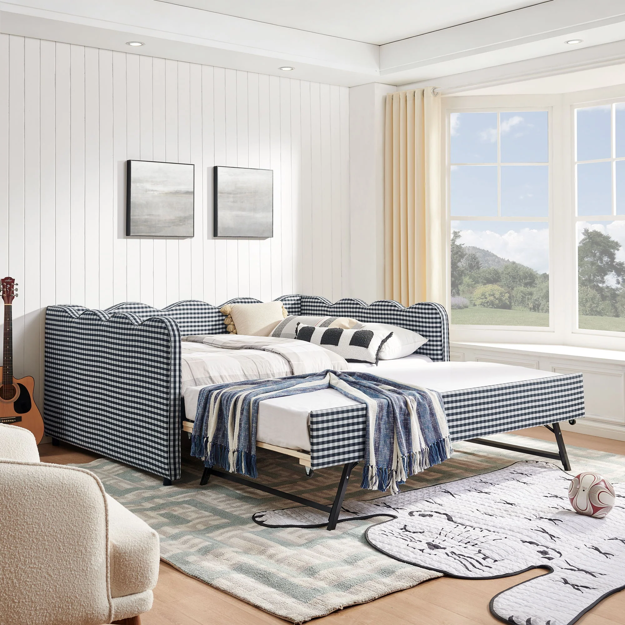 Gingham Daybed With USB Charging Port, Wave-Shaped Design - Image 44