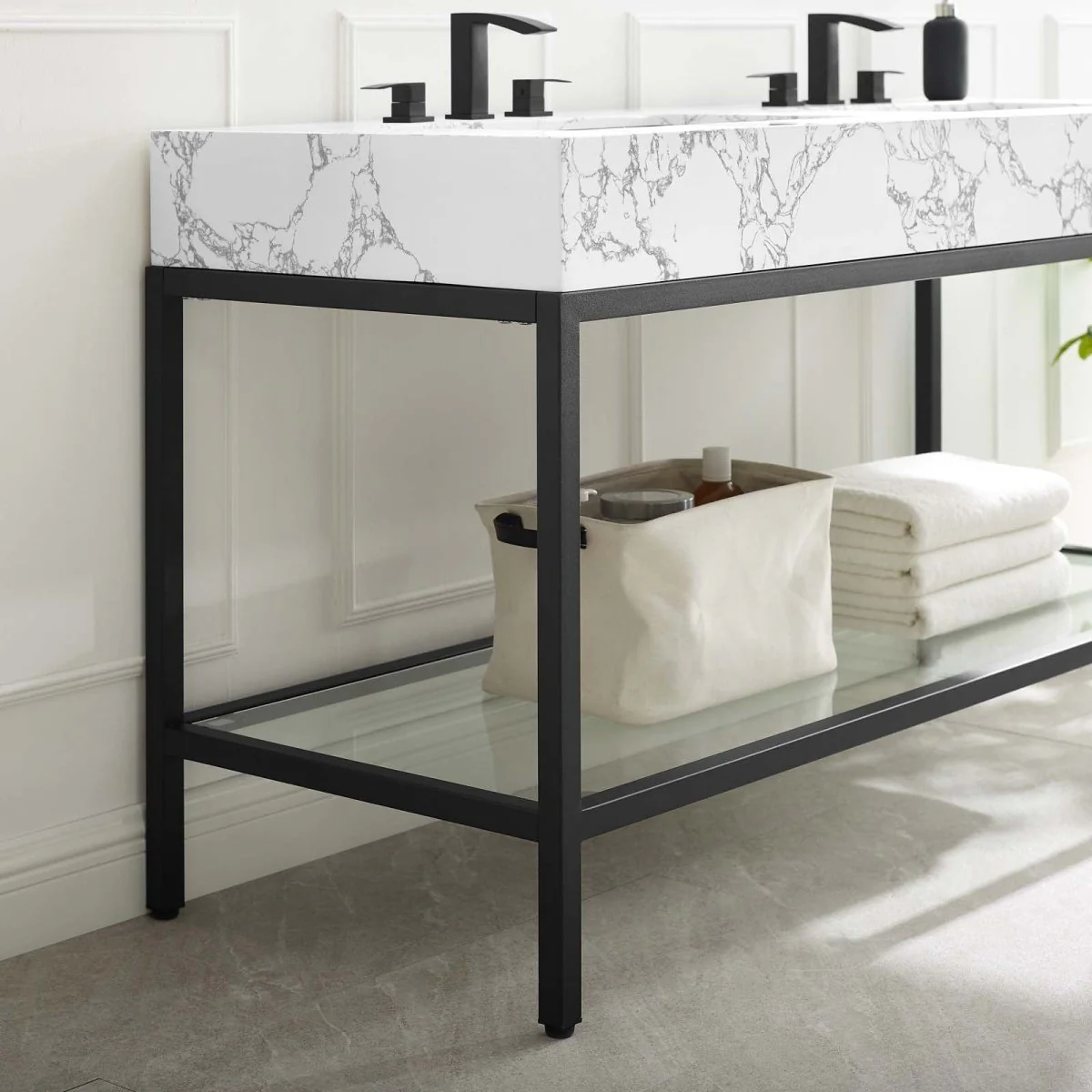 Glam Bathroom Vanity with Marble Basin & Glass Shelf – Contemporary Glam Design - Image 43