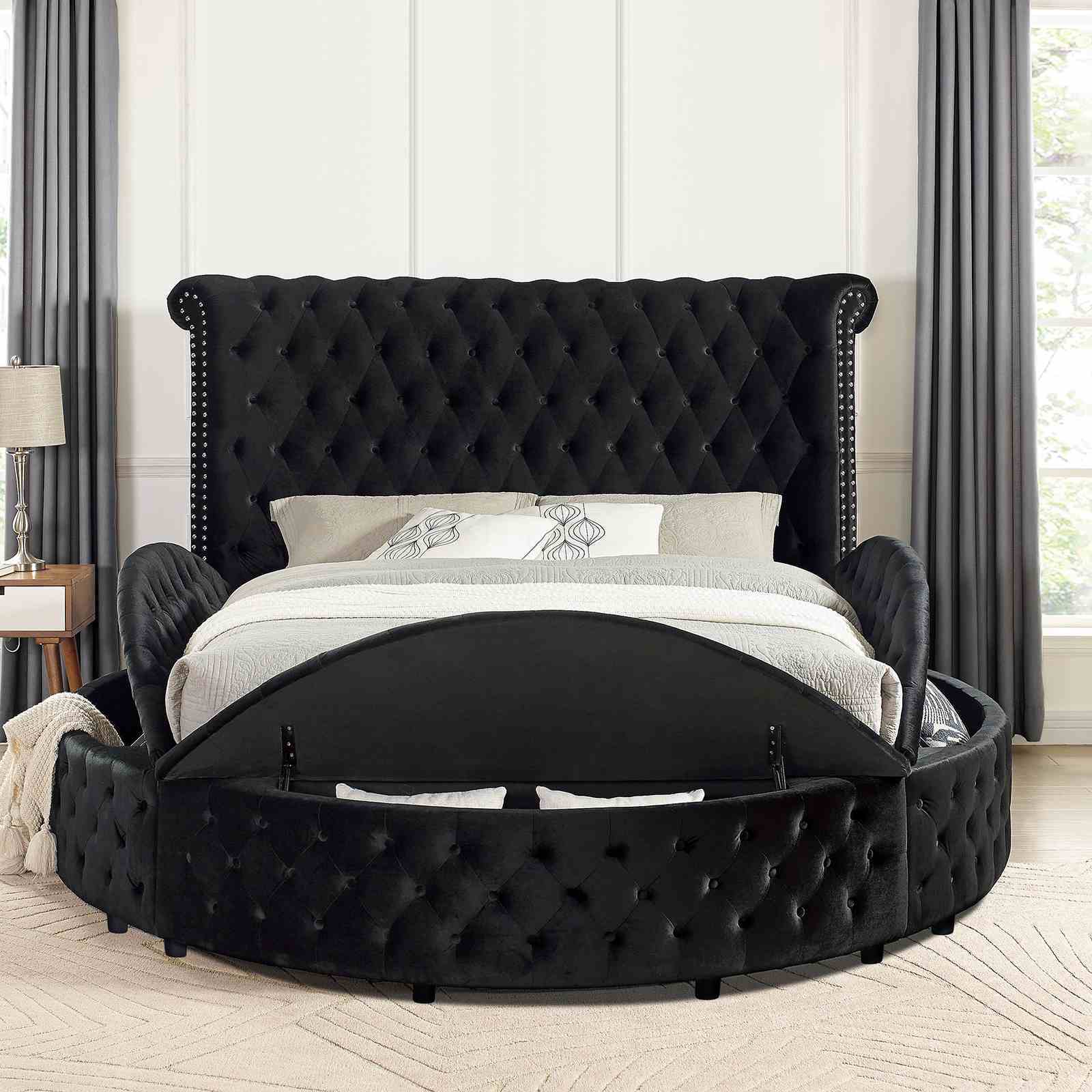 Glam Button Tufted Wingback Round Bed With Storage And USB Ports - Image 13