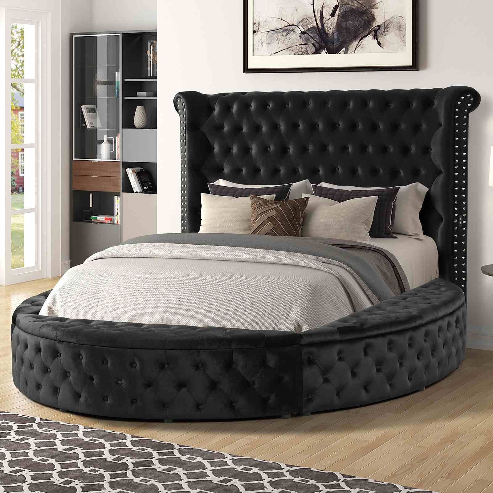 Glam Button Tufted Wingback Round Bed With Storage And USB Ports - Image 9