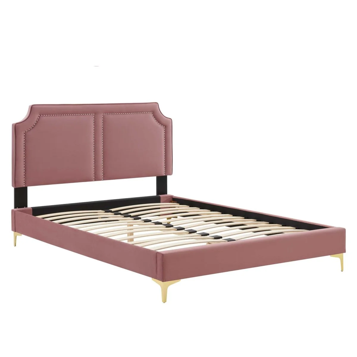 Glam Deco Performance Velvet King Platform Bed with Nailhead Trim in Dusty Rose - Image 5