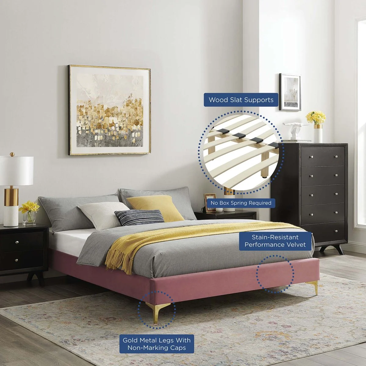 Glam Deco Performance Velvet King Platform Bed with Scalloped Headboard in Dusty Rose - Image 3