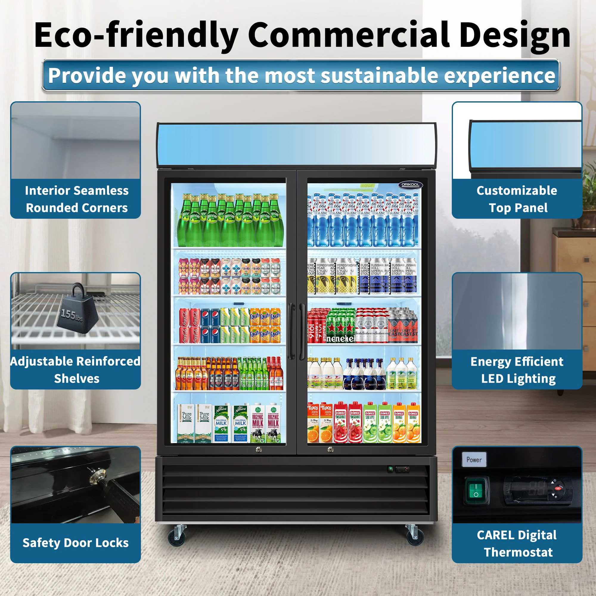 Glass Door Merchandiser Refrigerator Swing Door Commercial Display Refrigerators Merchandising Refrigeration With LED Top Panel - Image 8