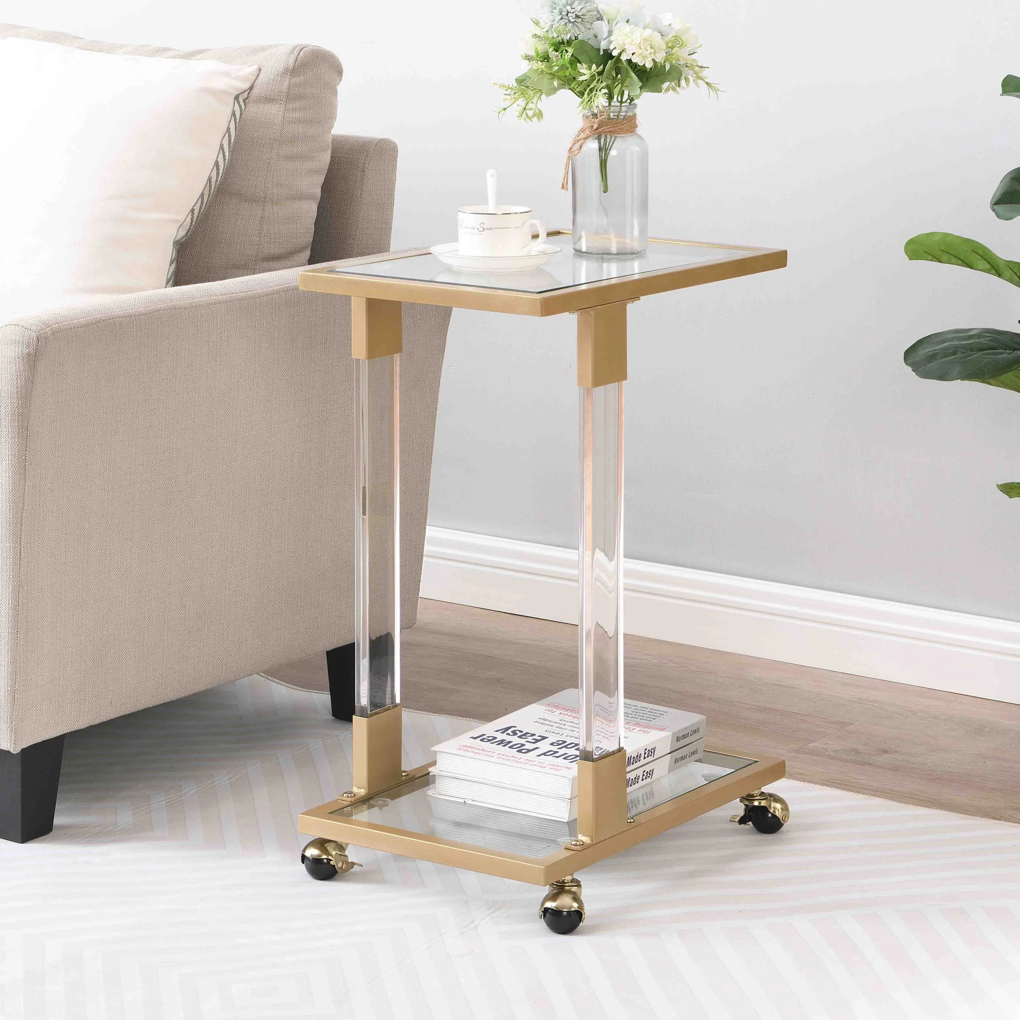 Glass Top C Shape Square Table With Metal Base For Living Room - Image 2