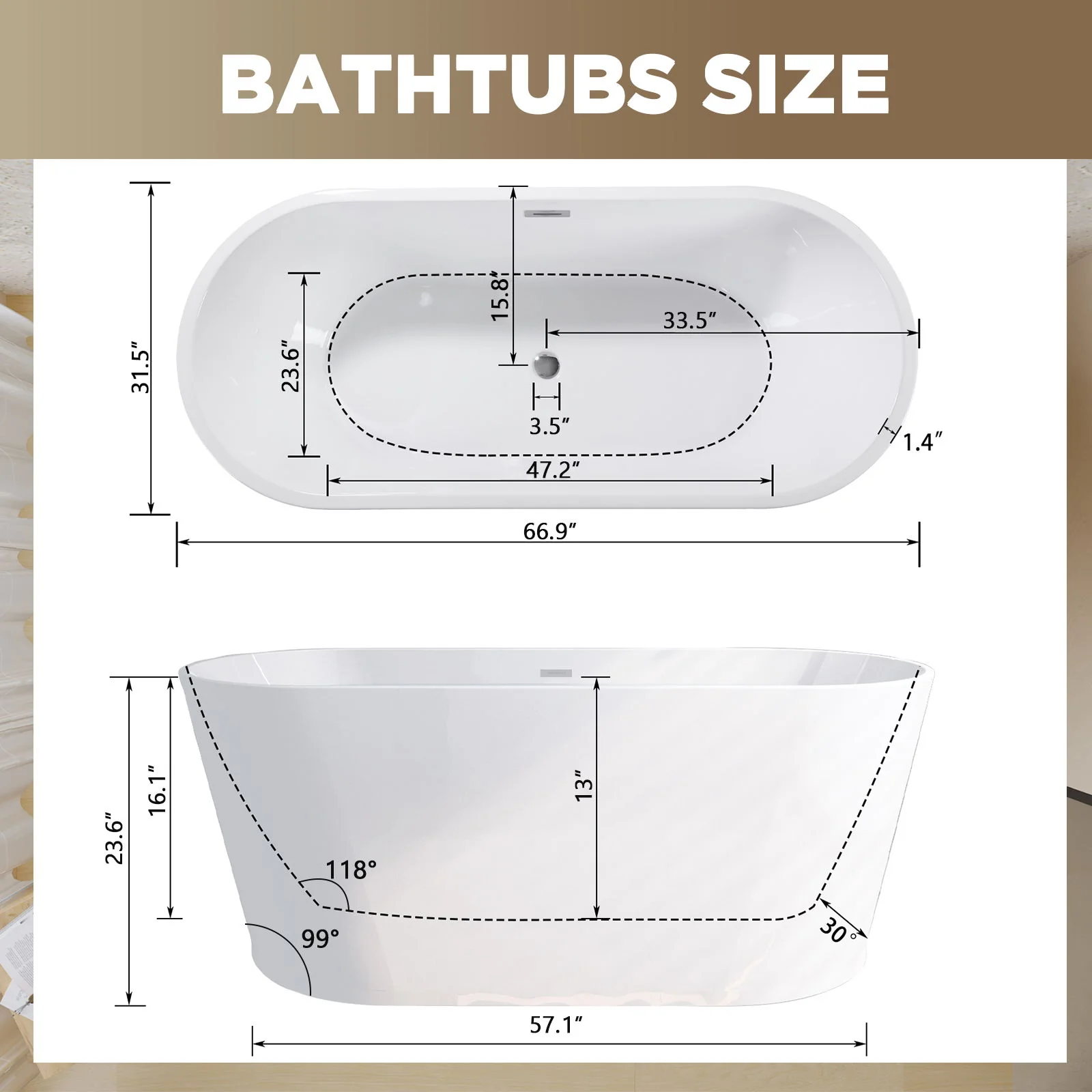 Glossy Freestanding Bathtub With Toe Tap Drain - Image 19