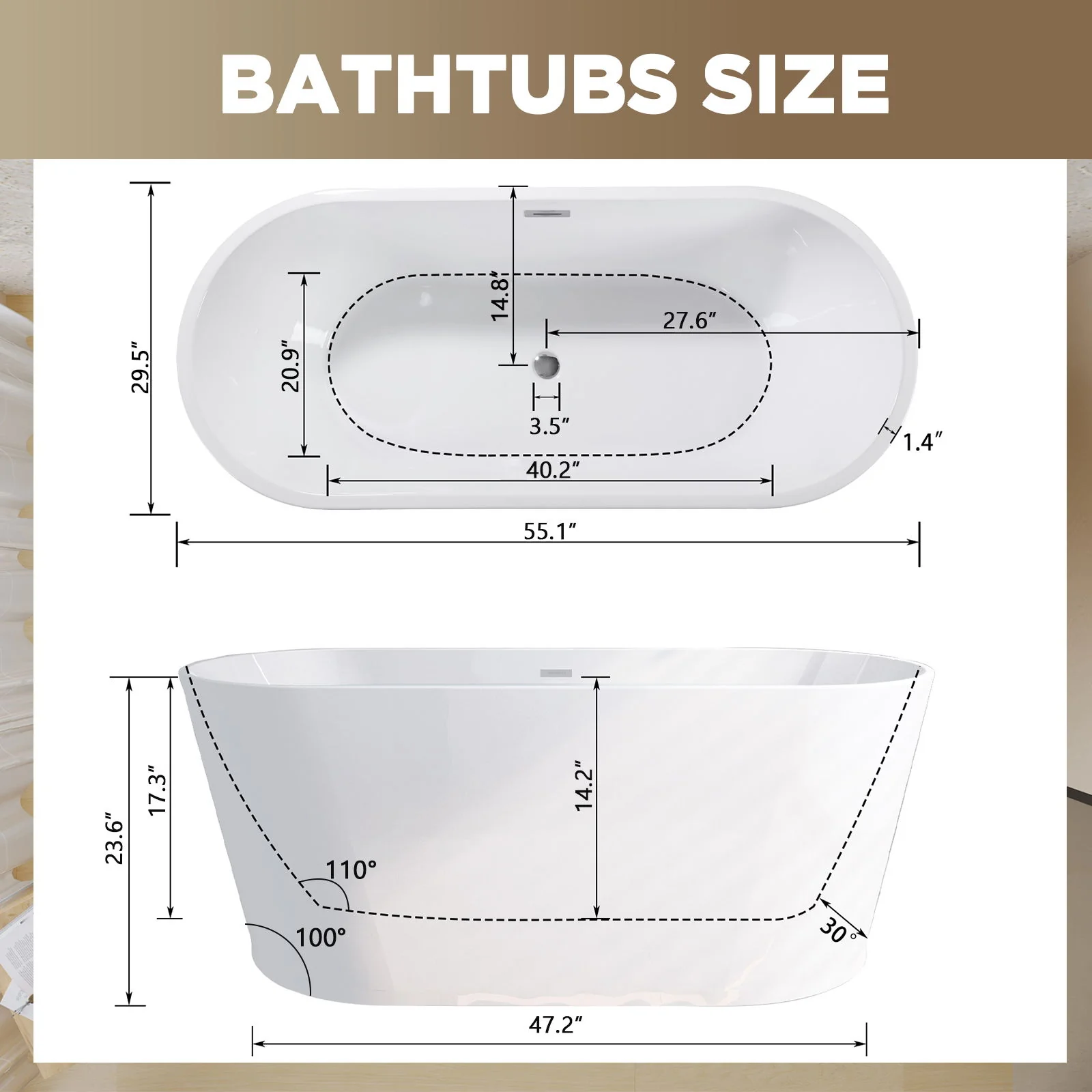 Glossy Freestanding Bathtub With Toe Tap Drain - Image 7