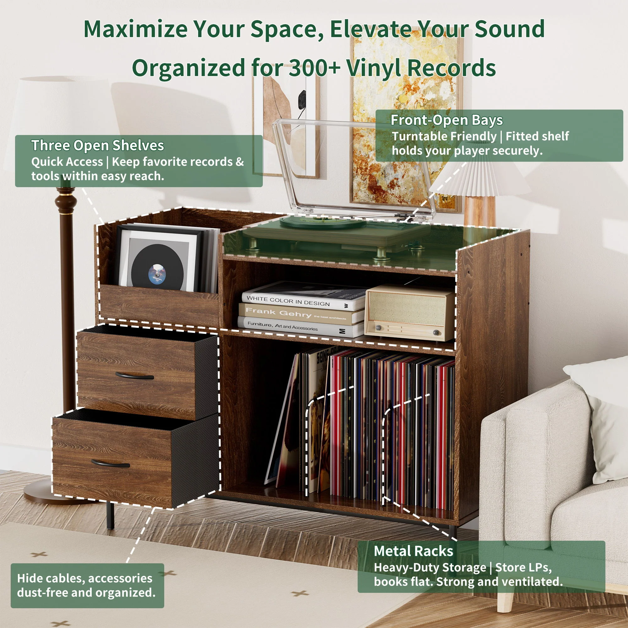 Grain Record Player Stand, Media Console With Speaker Shelf & 2 Drawers - Image 16