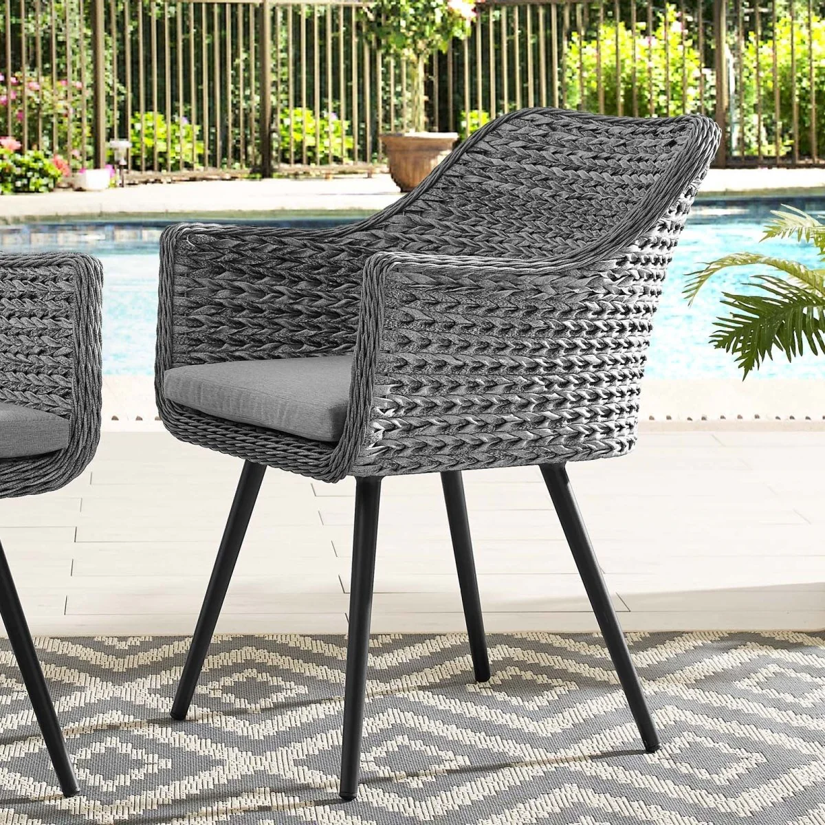 Gray Wicker Rattan Aluminum Outdoor Dining Armchair - Image 6