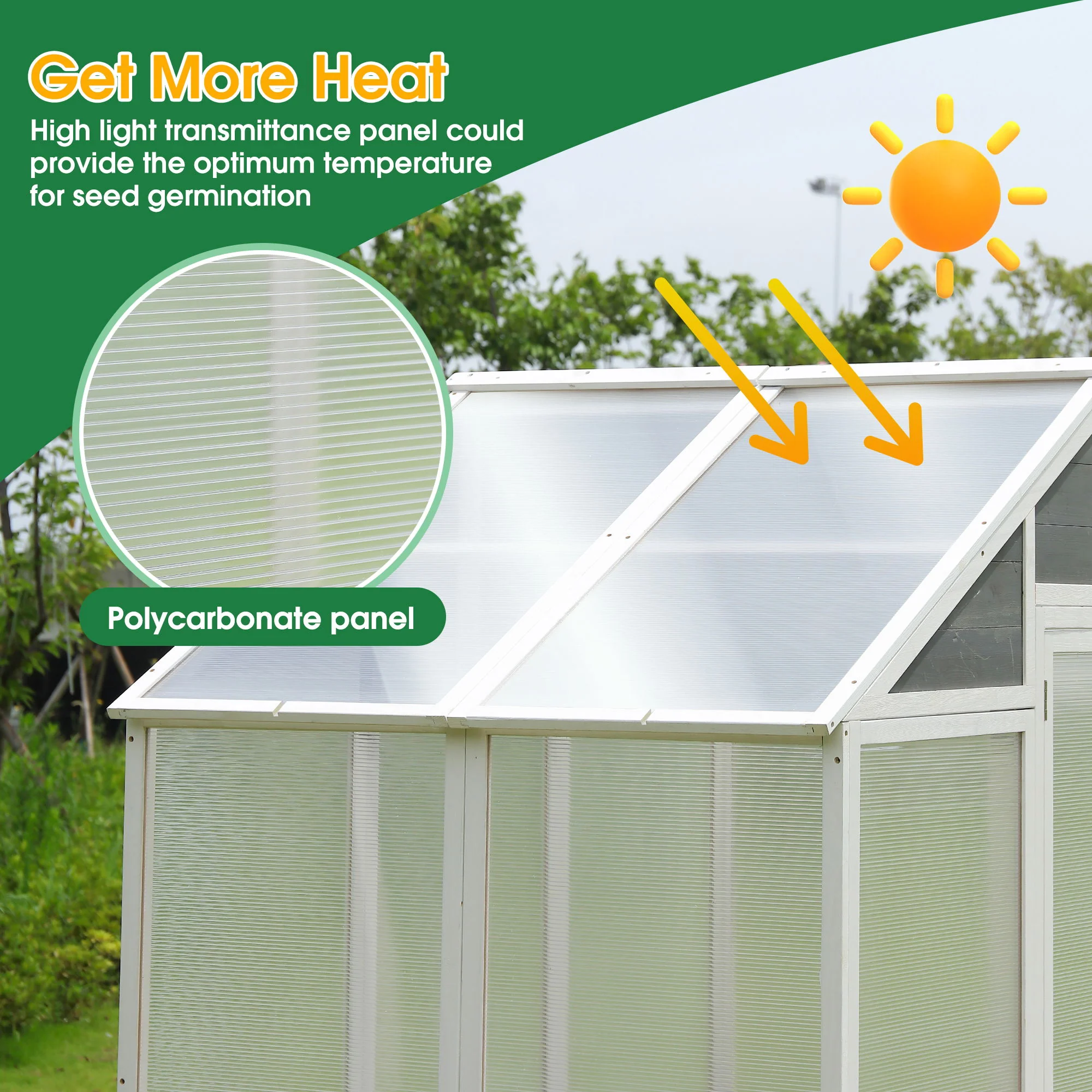 Greenhouse, Wooden Greenhouse Polycarbonate Garden Shed For Plants, Walk-In Outdoor Plant Gardening Greenhouse For Patio Backyard Lawn, Grow House With Front Entry Door - White / Gray - Image 3