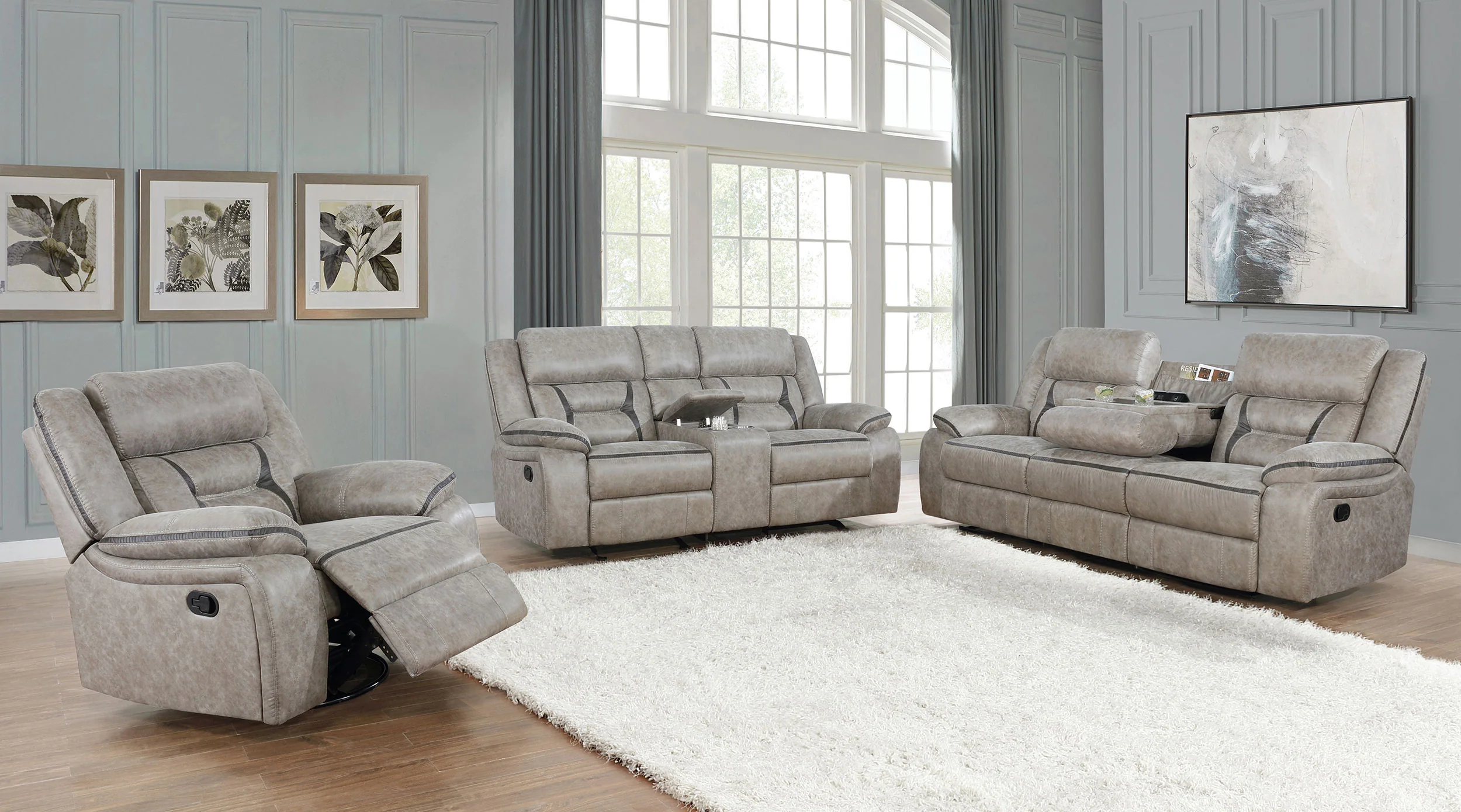 Greer Upholstered Motion Reclining Sofa in Taupe - Image 8
