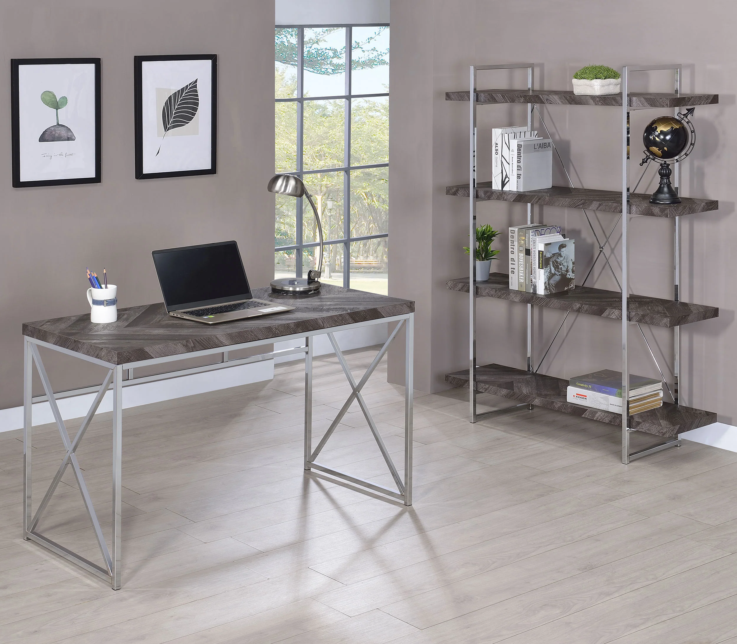 Grimma 63-Inch 4-Shelf Bookshelf - Rustic Grey & Chrome - Image 12