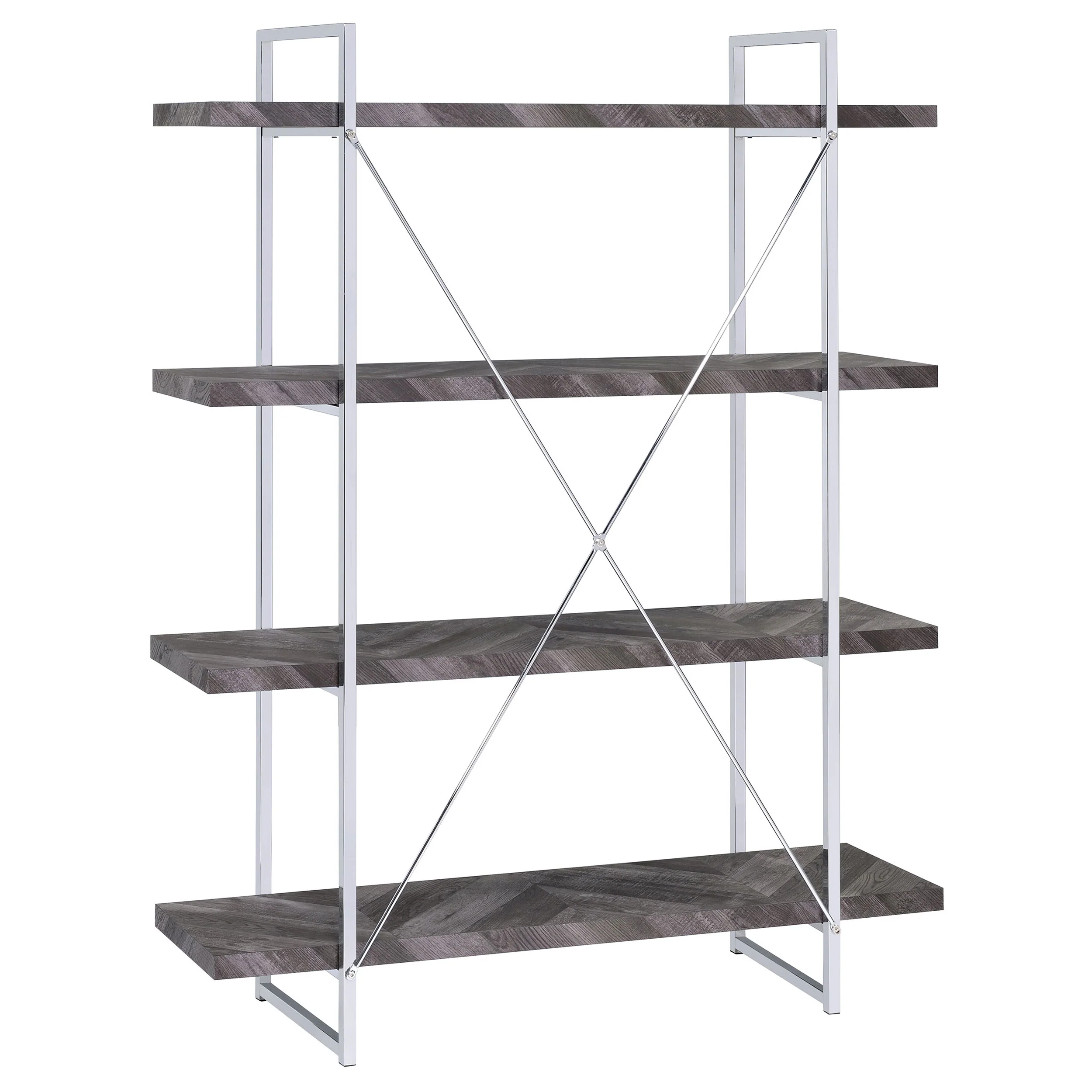 Grimma 63-Inch 4-Shelf Bookshelf - Rustic Grey & Chrome - Image 6