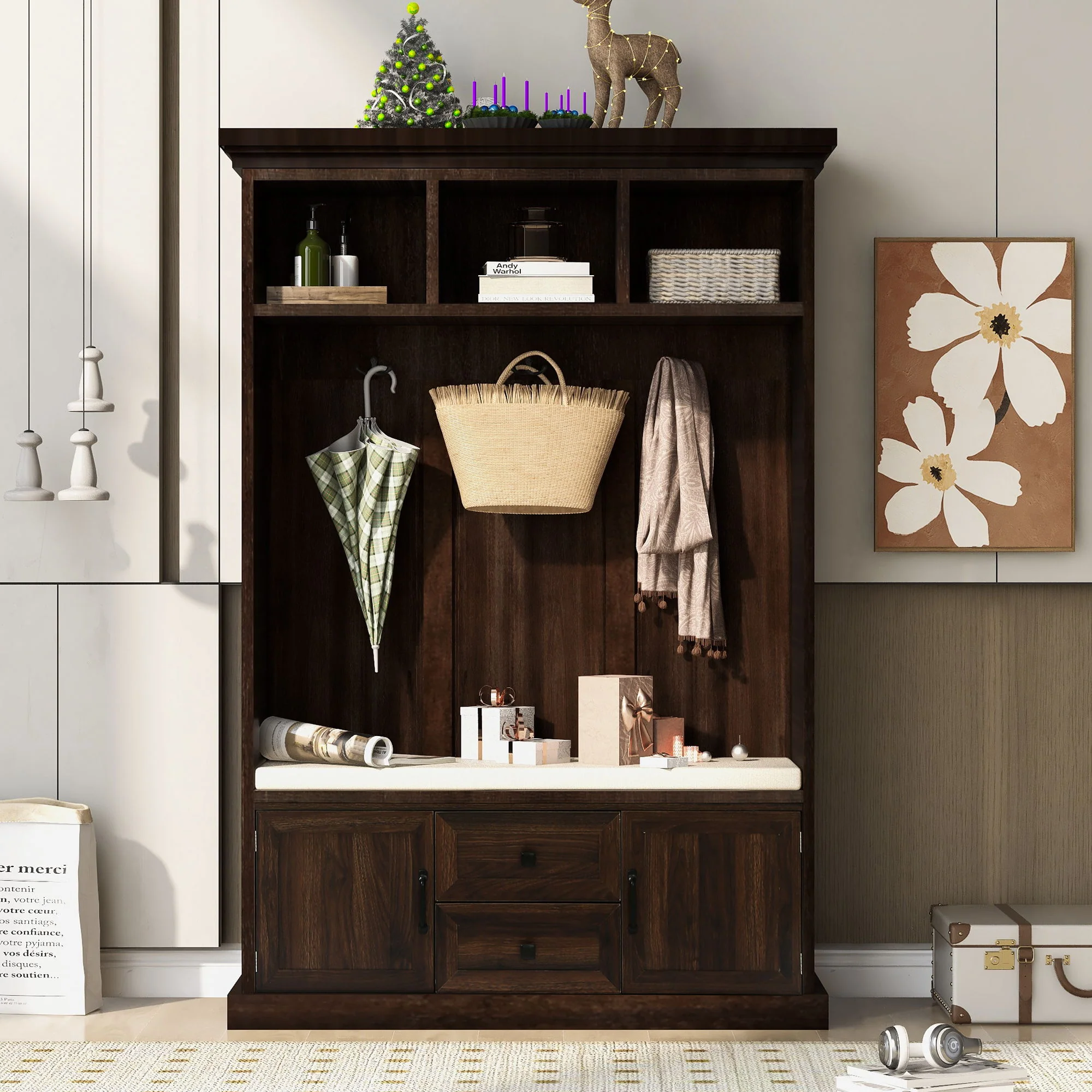 Hall Tree With 3 Hooks, Coat Hanger, Entryway Bench, Storage Bench, 3 In 1 Design - Image 11