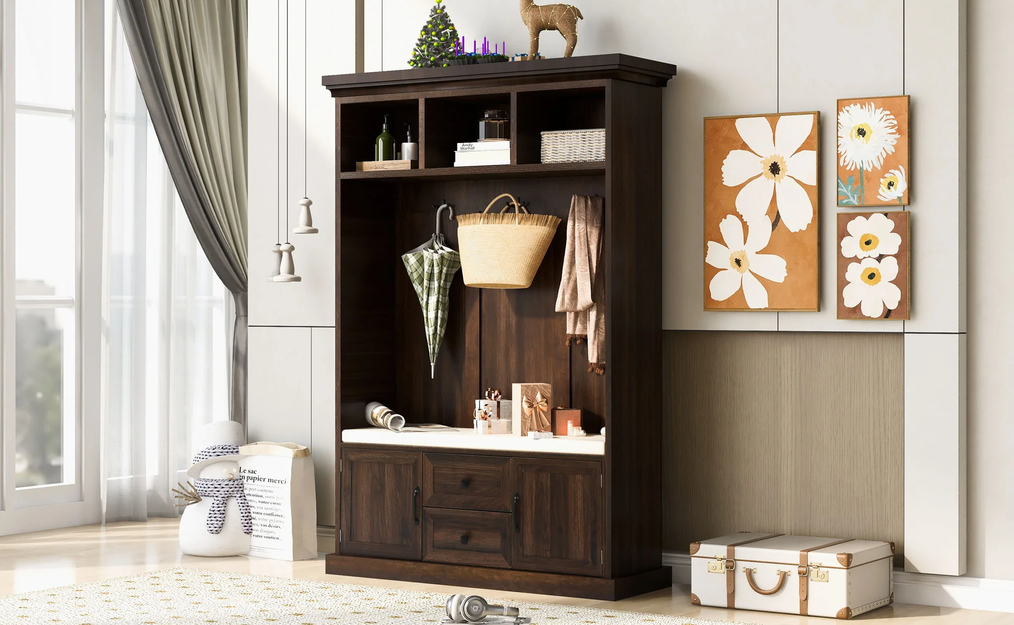 Hall Tree With 3 Hooks, Coat Hanger, Entryway Bench, Storage Bench, 3 In 1 Design - Image 18
