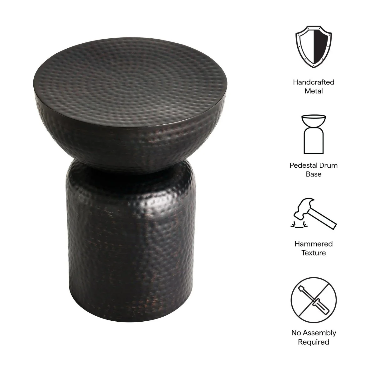 Hammered Metal Side Table Pedestal Drum – Black 15 Inch - Image 3